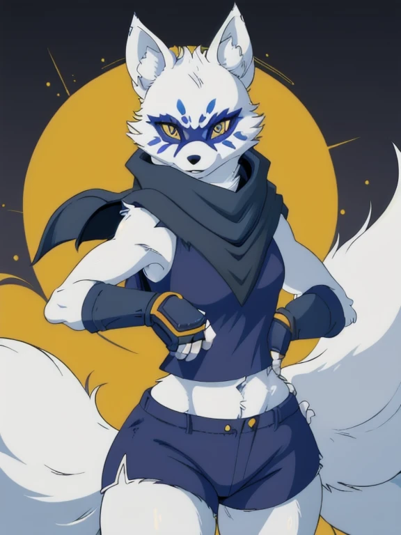 Alopex, arctic fox, furry character, blue mark eyes, tmnt, yellow eyes, 1girl, solo, kunoichi outfits, best quality, masterpiece, fox ears, scarf, fingerless gloves, ninja shorts