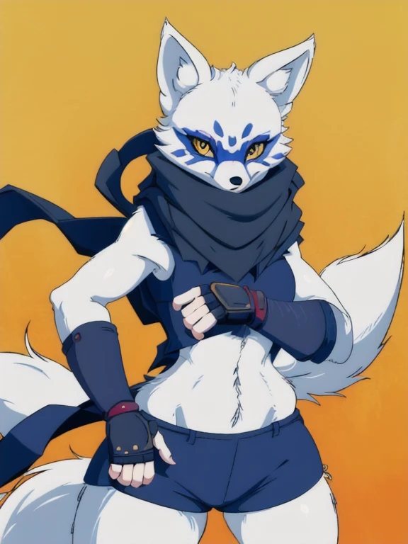 Alopex, arctic fox, furry character, blue mark eyes, tmnt, yellow eyes, 1girl, solo, kunoichi outfits, best quality, masterpiece, fox ears, scarf, fingerless gloves, ninja shorts