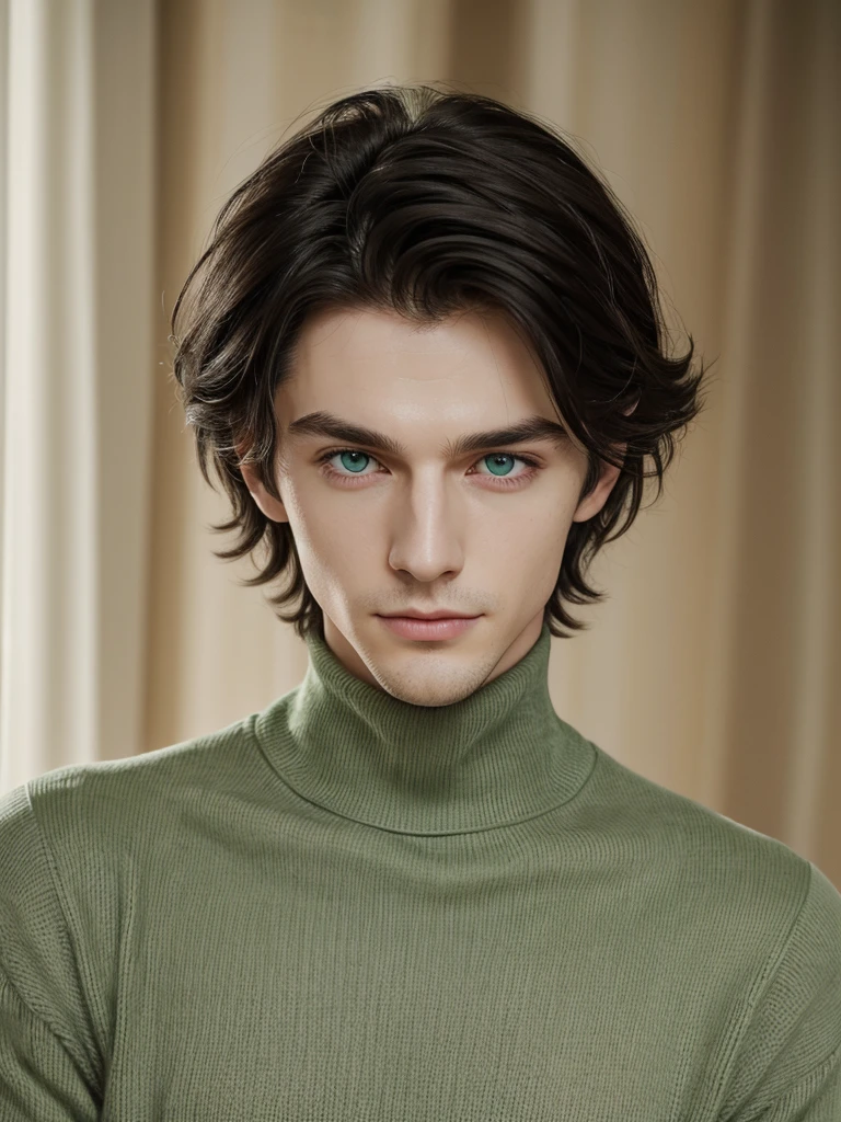 (best quality), 1boy, pale skin, black hair, medium hair, curtain hair, tousled hair, green eyes, perfect eyes, dark circles under eyes, tall, slender, handsome, strong jawline, lazy, light smile, attractive, turtleneck sweater, masterpiece, anatomically correct, highres
