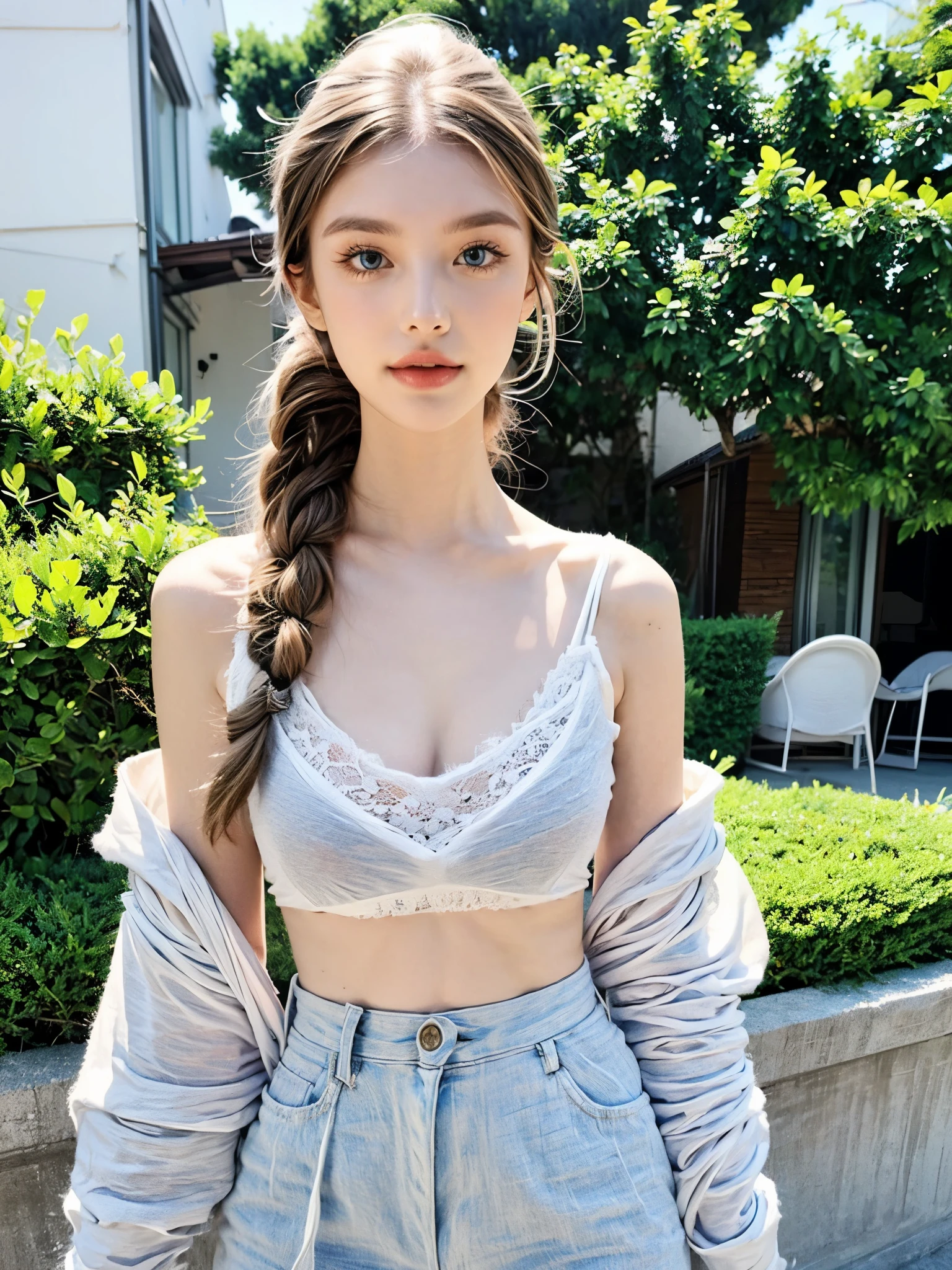 Excellent, masterpiece, white hair, blue eyes, white clothes, upper body, hair, fair skin, side braids, best quality
