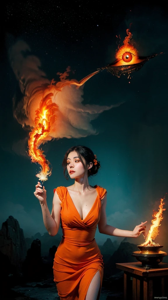 (Glowing ambiance, enchanting radiance, luminous lighting, ethereal atmosphere, mesmerizing glow, evocative hues, captivating coloration, dramatic lighting, enchanting aura), ink painting,(masterpiece, top quality, best quality, official art, beautiful and aesthetic:1.2), (1girl:1.4), extreme detailed,(joshua middleton comic cover art:1.1), (Action painting:1.2),(concretism:1.2), (hypermaximalistic:1.5),colorful,highest detailed,
(fire, orange dress:1.4), cowboy shot, (flaming eye:1.8),
fire landscape
(fire around her:1.5)
Soft light filtering through the clouds and fog
zwd, zuowangdao,
cloud,colorful,starry,stars