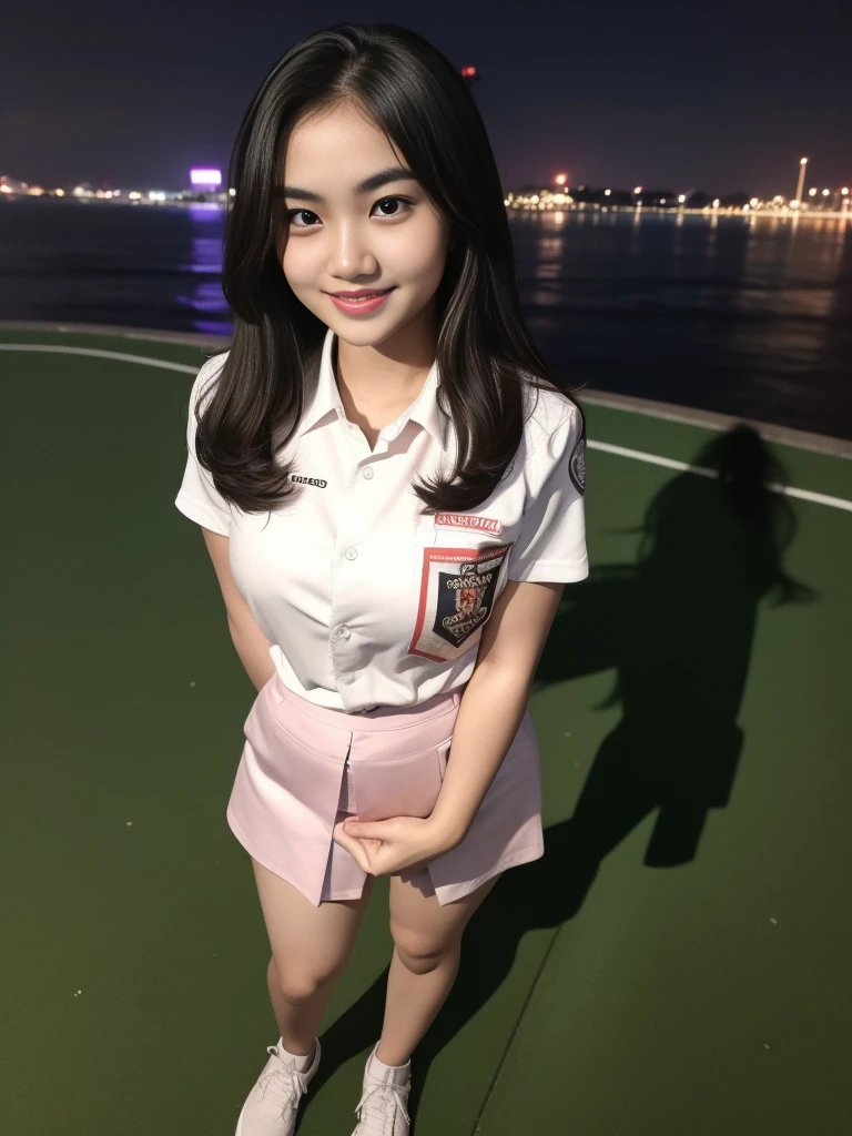 1girl, (uniform), standing, outdoors, night view, Metropolitan city at the background, detailed face, little smile, detailed eyes, medium breasts, shiny realistic skin, fit body, short skirt, looking at the audience, (ultra wide angle shot: 1.3), (8k, RAW photo, best quality, masterpiece: 1.2), (realistic, realistic: 1.37), ultra-high resolution