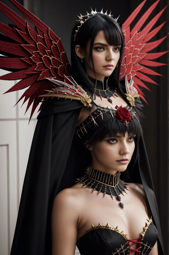 Royal robe which is black and red and decorated with fine embroidery in the form of runes, metallic rivets and spikes on the shoulders and cuff buttons . The embroidery is gold. Black wing bones inside red where still white thorns represents a symbol. Where the wings are located there should be light moonlight. But the thorns are also supposed to represent the dark. In the middle where the heart is and on the clothing Thornheart should go. my hair will probably stay short with black red hair and a few white strands.