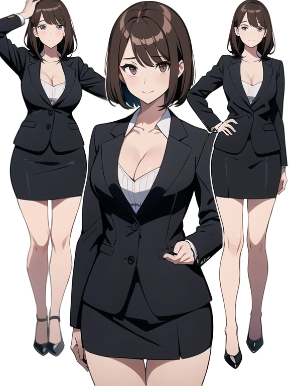 Character Sheet,White background,masterpiece: 1.6, Highest quality: 1.4, Intricate details: 1.2, 1 mature woman,28 years old,office lady,attractive office lady, alone, (Brown Hair), Medium Hair, single ~ ~ sidelock, amount: 1.5, Slender figure,Small breasts,Cleavage,clavicle,(Exposed thighs:1.3),office casual style, (Black recruitment suit:1.5),White shirt,No tie,(Black tight skirt:1.2), (Above the knee shot), Multiple Views, front, return, ~ ~ side, performance, ((Character setting material collection, Different poses of the same character, Character Reversal: 1.5, Multiple Views)), Model posing,Contrapposto, Portraiture, Happy, Are crying, Get angry, smile