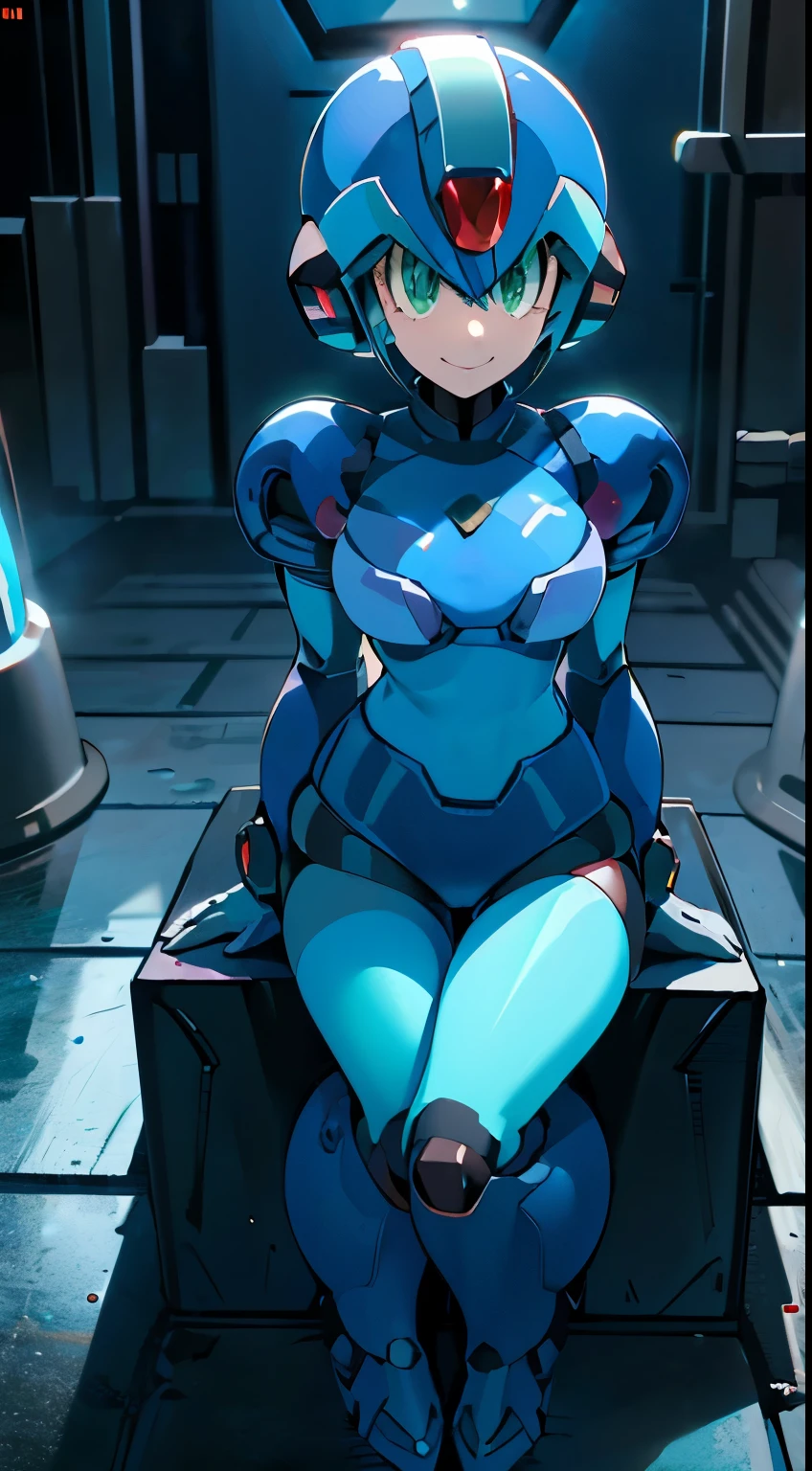 megaman x Girl, cute, Reploid, fullbody shot, maverick hunter, extremely detailed, dinamic pose, Green eyes, long eyelashes, glowing lips, smile, black waist