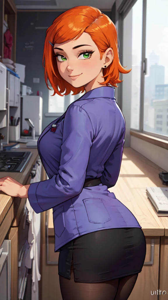 1 girl,(solo), (masterpiece:1.2), (high quality:1.0),looking at viewer, (ultra detailed),smile,short orange hair, green eyes, Gwen Tennyson, purple shirt, tight black skirt, lab coat,grey pantyhose, curvy, from behind, (low angle view)