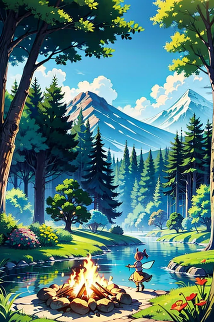 Create a detailed, colorful image of a medieval fantasy setting. The scene should include a group of adventurers around a campfire, interacting amicably with various animals. The setting must be in the middle of nature, with an enchanted forest, full of tall trees, floral flowers colorful, and a crystal clear stream. Add magical elements, like mushrooms, and little fairies flying around. The background must be complex and rich in details, with mountains in the distance and a clear blue sky punctuated by a few clouds