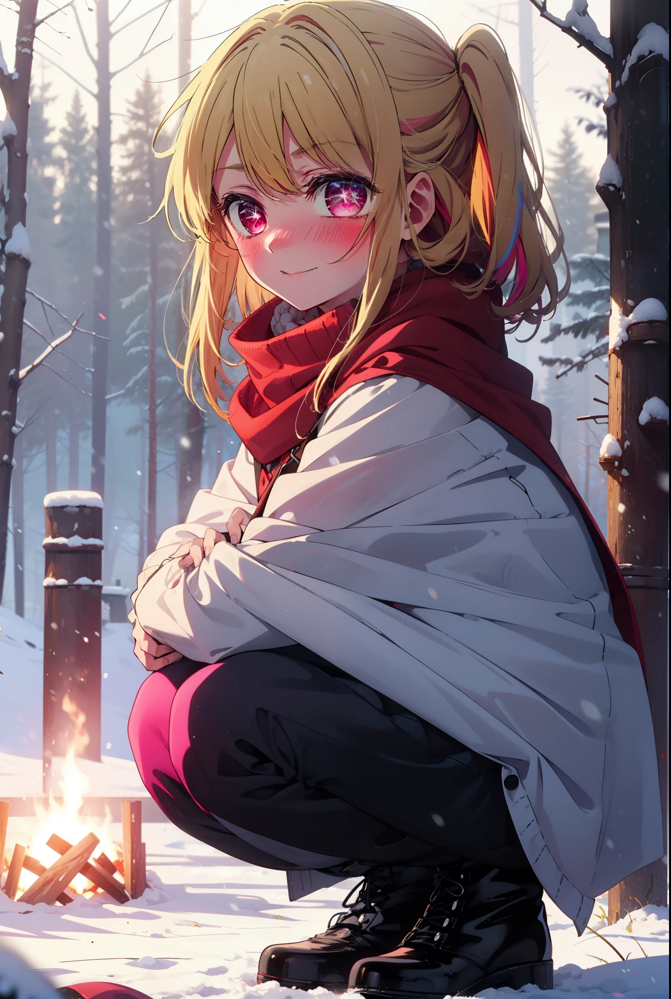 rubyhoshino, Hoshino Ruby, Long Hair, bangs, blonde, (Pink Eyes:1.3), Side Lock, (Symbol-shaped pupil:1.5), Multicolored Hair, Two-tone hair, smile,,smile,blush,white breath,
Open your mouth,snow,Ground bonfire, Outdoor, boots, snowing, From the side, wood, suitcase, Cape, Blurred, , forest, White handbag, nature, Squat, Mouth closed, Cape, winter, Written boundary depth, Black shoes, red Cape break looking at viewer, Upper Body, whole body, break Outdoor, forest, nature, break (masterpiece:1.2), Highest quality, High resolution, unity 8k wallpaper, (shape:0.8), (Beautiful and beautiful eyes:1.6), Highly detailed face, Perfect lighting, Highly detailed CG, (Perfect hands, Perfect Anatomy),