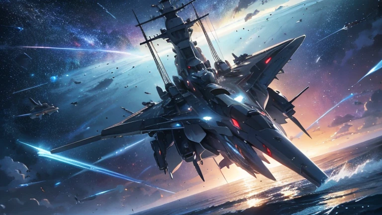 shooting star,Space Battleship,perfect battleship,detailed battle ship,Break the battleship is flying in 宇宙,Break background in space,detailed background,masterpiece,best quality,super detailed,super fine illustration,8k,dynamic angle,Break Fighter planes are flying around the battleship,