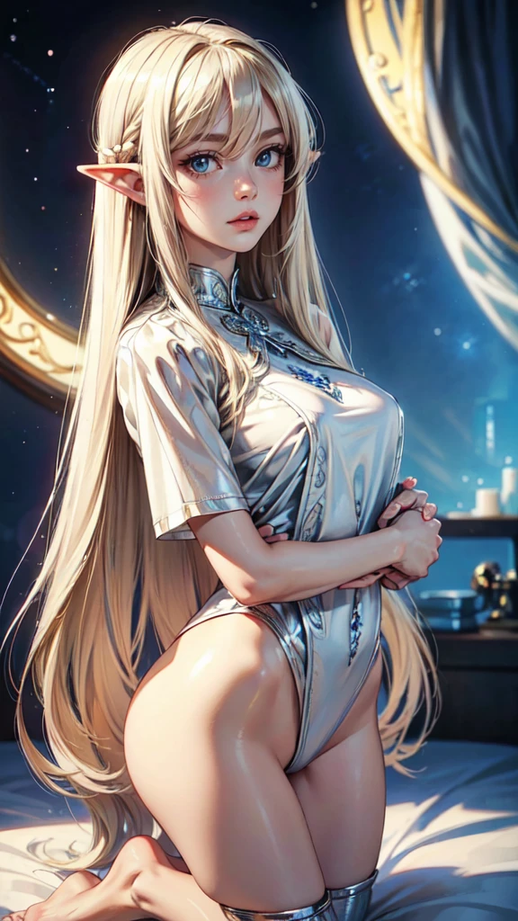 Unbeatable beauty, Skin is firm and shiny, bangs between eyes, Shiny straight beautiful platinum blonde, Silky extra long straight hair, Eyeliner, Sexy beautiful innocent 14 year old, HD big big beautiful bright blue eyes, beautiful cute girl, baby face, short sleeve,etailed face, detailed eyes, detailed hands,elf girl, full body
