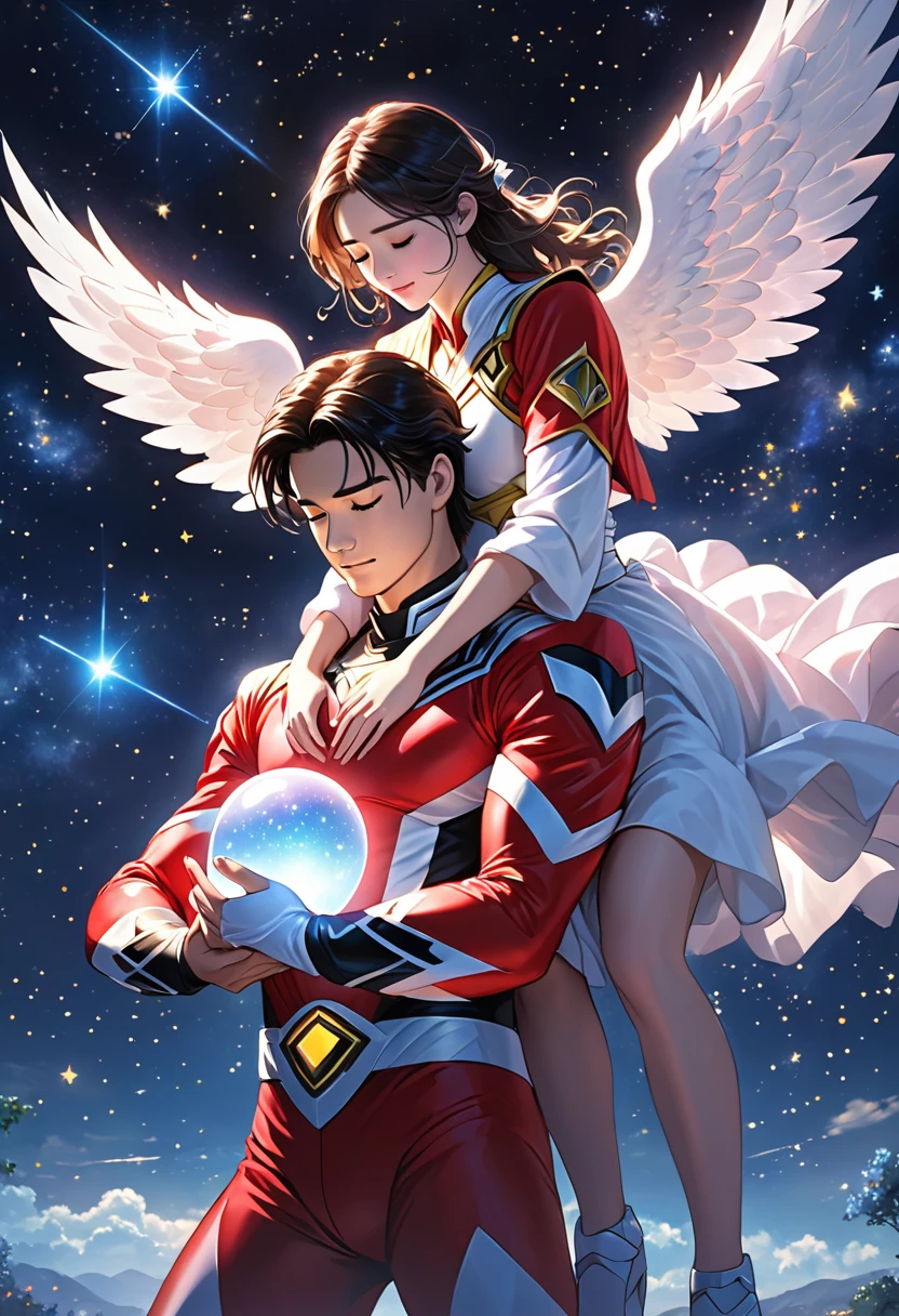 A Power Ranger in a red and black suit, standing and holding a glowing orb with both hands, with a posture that expresses sadness, head tilted slightly downward. Above him, an angel woman with glowing white wings hugs him from behind, conveying comfort. The night sky in the background is full of bright stars and visible constellations, adding a mystical and heavenly touch to the scene."