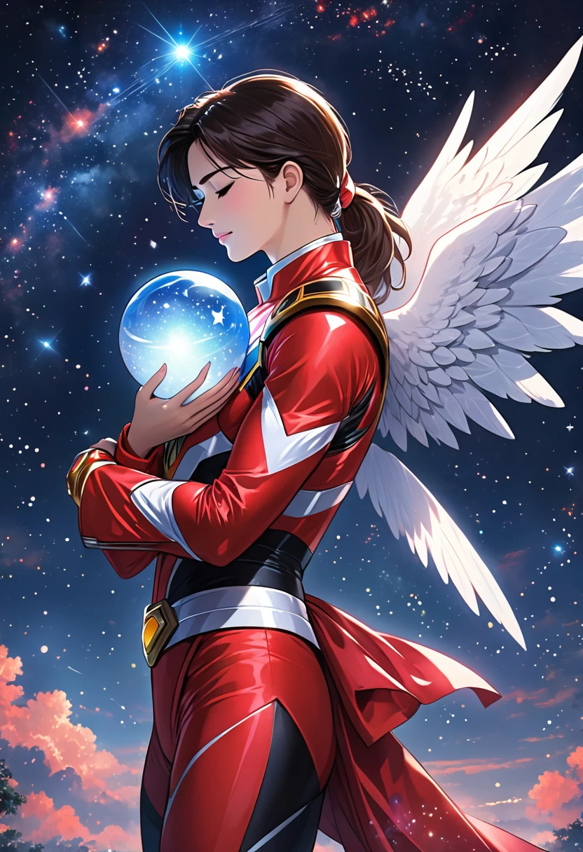 A Power Ranger in a red and black suit, standing and holding a glowing orb with both hands, with a posture that expresses sadness, head tilted slightly downward. Above him, an angel woman with glowing white wings hugs him from behind, conveying comfort. The night sky in the background is full of bright stars and visible constellations, adding a mystical and heavenly touch to the scene."