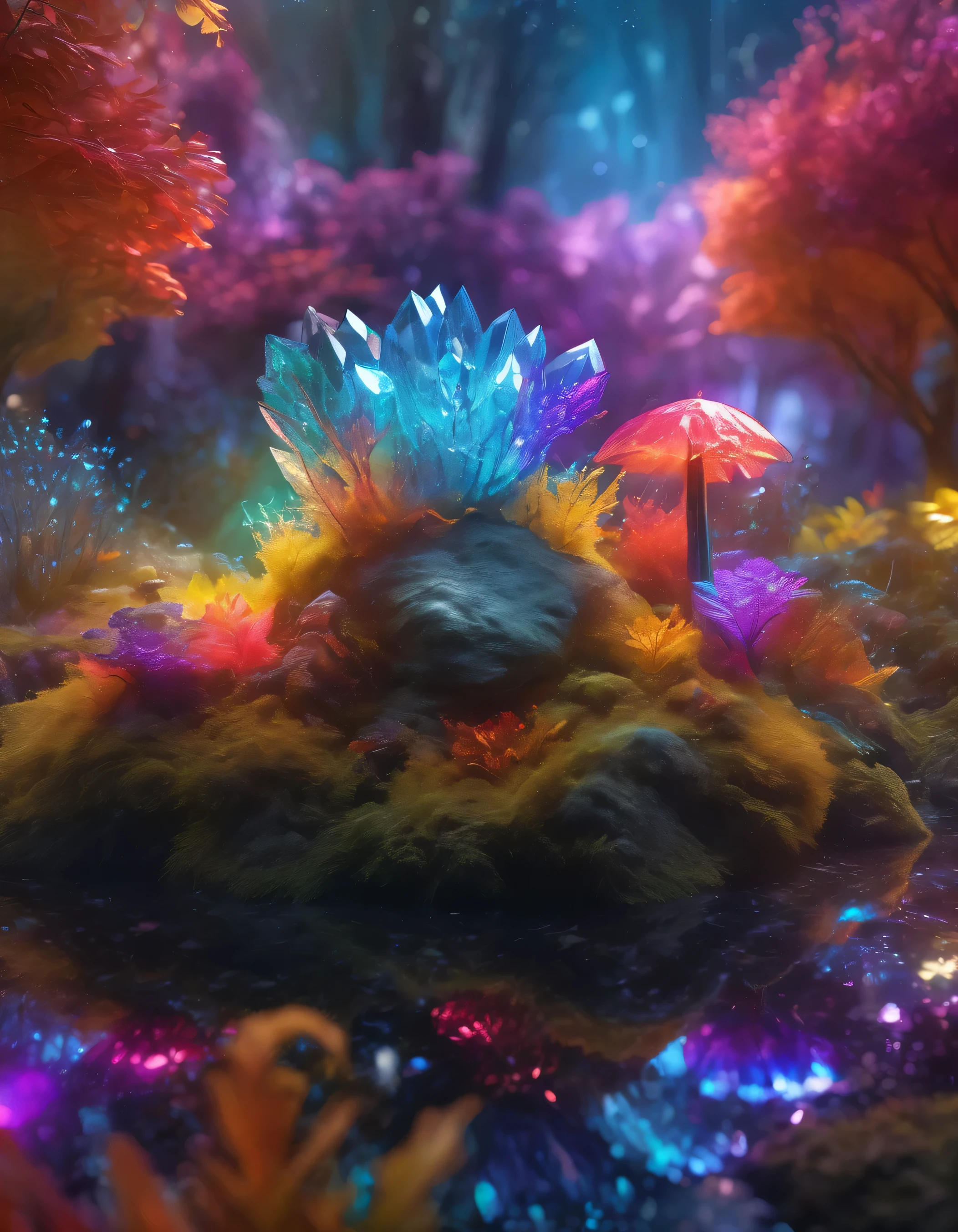 a magical enchanted crystal forest, vibrant colorful crystals glowing with a black light effect, enchanted animals scattered throughout the scene, one animal as the main focus, ultra-detailed, (best quality,4k,8k,highres,masterpiece:1.2),ultra-detailed,(realistic,photorealistic,photo-realistic:1.37),hdr,uhd,studio lighting,ultra-fine painting,sharp focus,physically-based rendering,extreme detail description,professional,vivid colors,bokeh,fantasy,surreal,magical realism