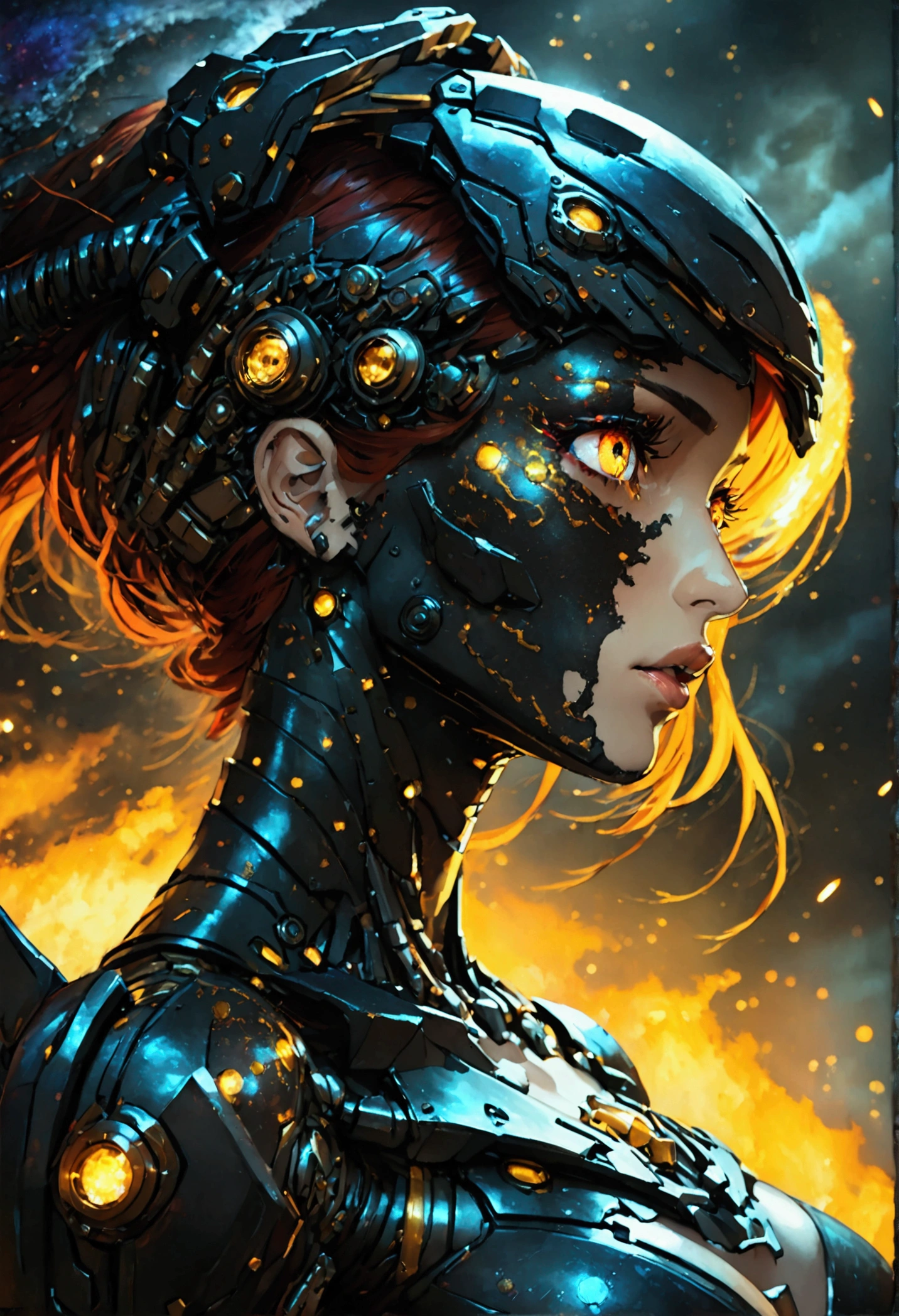 , a black bat next to a mecha female cyborg portrait, mouth open roaring, titanium red armor with light and glitter, long fire hair with red skulls on hair, paintings on the face, snake lightening eyes with one eye closed, cosmos eyes, next to a black spider, highly detailed fur (vectorized) yellow lightening eyes, detailed skin, image is compelling with dynamic composition and dark posing. Include many fantasy details such as bumps, phantasmal iridescence, glitter, galaxy, cosmos, fire, ((dark celestialskin hell body, void cosmic body)), (((dark background))), (((lights off))), (((hollywood dark))), horror, dramatic shadows, (in a dark fantasy space:1.3, glitter, sparkle, gleam) vector digital illustration, ()sharp