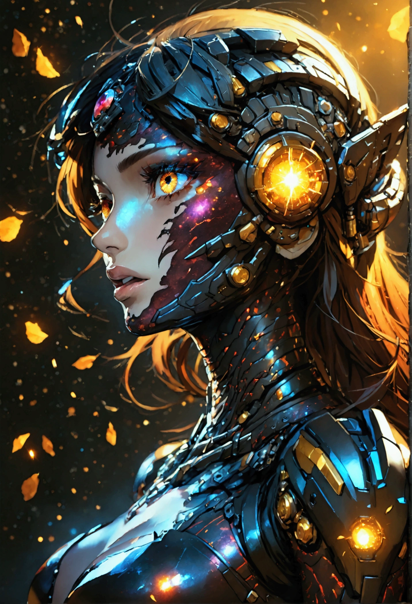 , a black bat next to a mecha female cyborg portrait, mouth open roaring, titanium red armor with light and glitter, long fire hair with red skulls on hair, paintings on the face, snake lightening eyes with one eye closed, cosmos eyes, next to a black spider, highly detailed fur (vectorized) yellow lightening eyes, detailed skin, image is compelling with dynamic composition and dark posing. Include many fantasy details such as bumps, phantasmal iridescence, glitter, galaxy, cosmos, fire, ((dark celestialskin hell body, void cosmic body)), (((dark background))), (((lights off))), (((hollywood dark))), horror, dramatic shadows, (in a dark fantasy space:1.3, glitter, sparkle, gleam) vector digital illustration, ()sharp