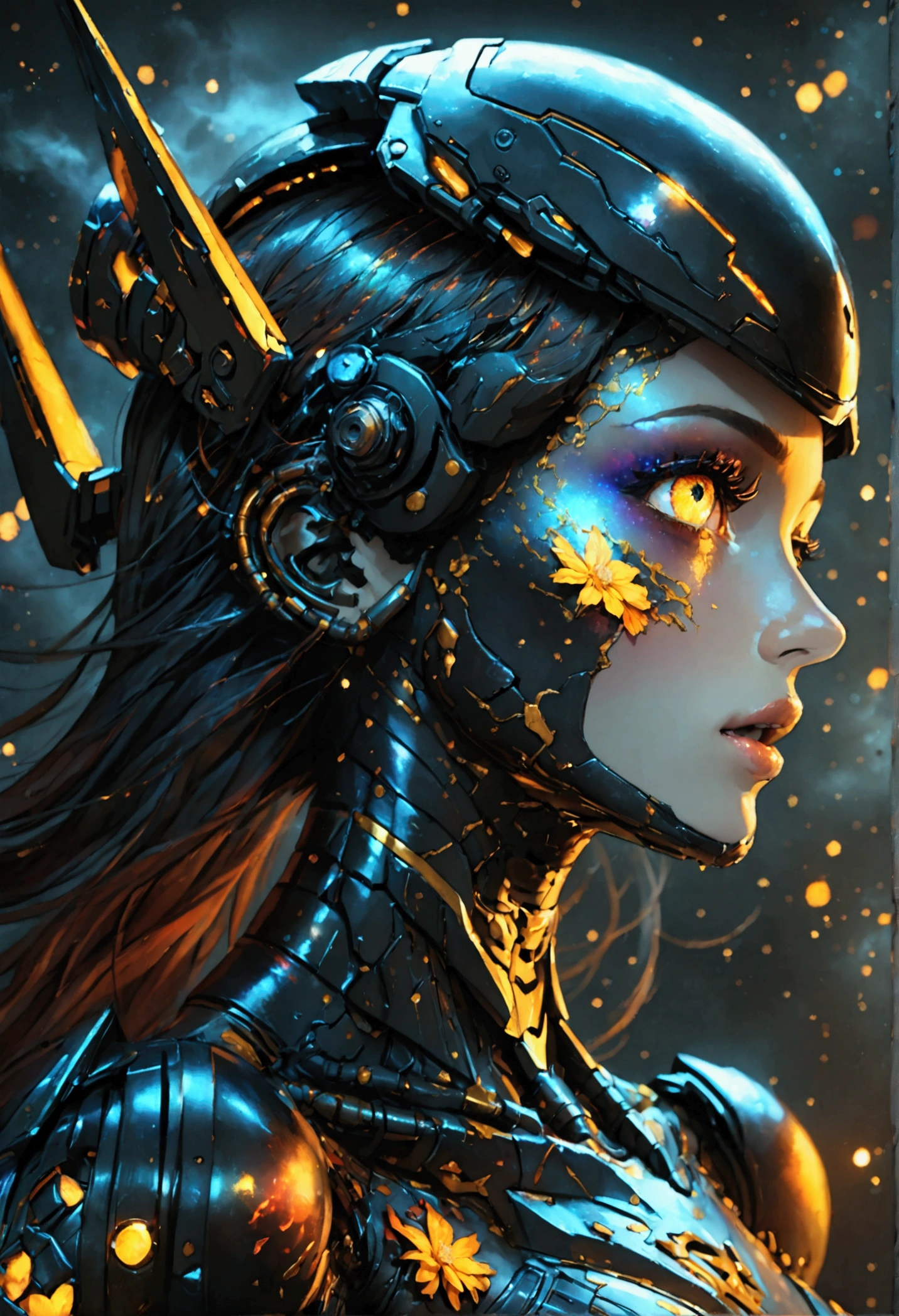 , a black bat next to a mecha female cyborg portrait, mouth open roaring, titanium red armor with light and glitter, long fire hair with red skulls on hair, paintings on the face, snake lightening eyes with one eye closed, cosmos eyes, next to a black spider, highly detailed fur (vectorized) yellow lightening eyes, detailed skin, image is compelling with dynamic composition and dark posing. Include many fantasy details such as bumps, phantasmal iridescence, glitter, galaxy, cosmos, fire, ((dark celestialskin hell body, void cosmic body)), (((dark background))), (((lights off))), (((hollywood dark))), horror, dramatic shadows, (in a dark fantasy space:1.3, glitter, sparkle, gleam) vector digital illustration, ()sharp