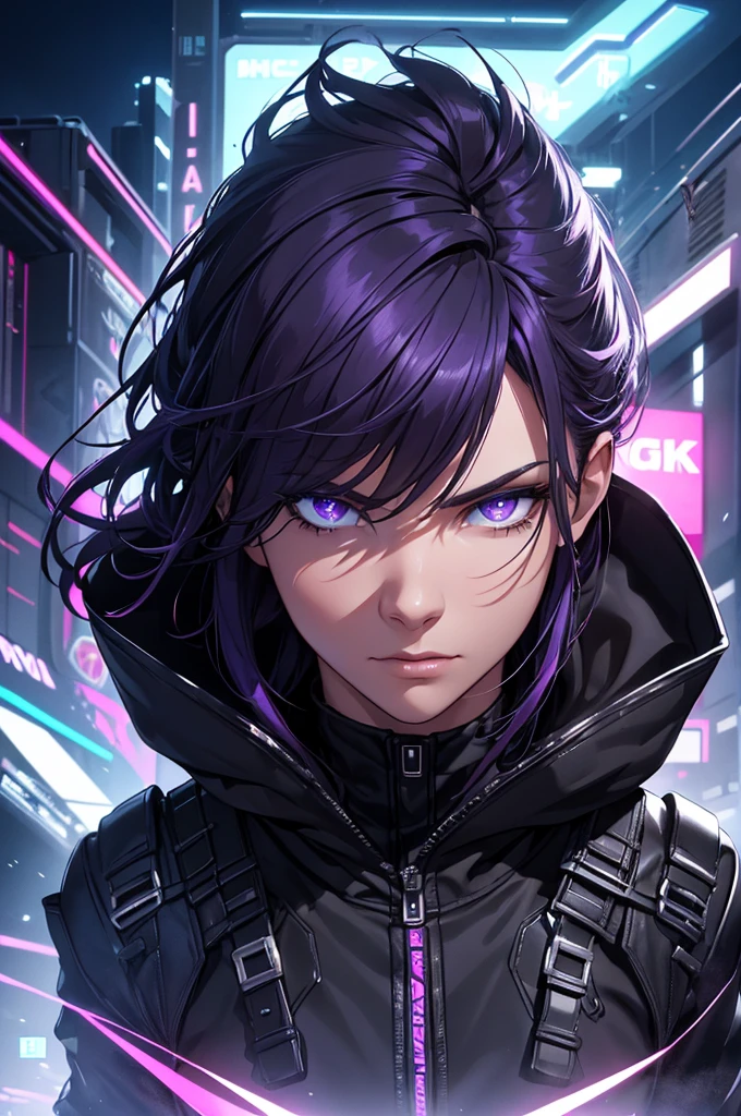 a masculine man, dark purple hair, hooded black futuristic clothes, dark sci-fi background, (best quality,4k,8k,highres,masterpiece:1.2),ultra-detailed,(realistic,photorealistic,photo-realistic:1.37),cinematic lighting,dramatic shadows,moody atmosphere,highly detailed face,chiseled features,penetrating gaze,dynamic pose,advanced technology,glowing lights,floating platforms,neon city