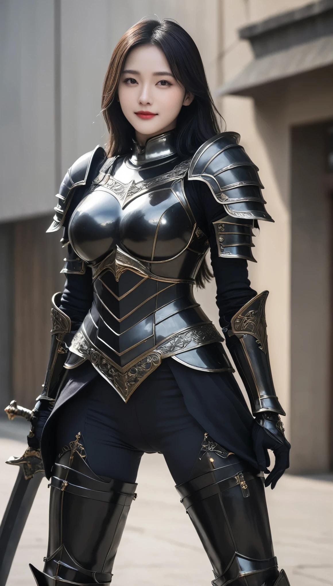 masterpiece,Highest quality,High-ranking knight,(女性Black Knight_Black Knight:1),(Jet black full body armor:1.3), (35歳の女性Black Knight:1.3),、Very large ample breasts Big big cleavage ,Hyper Real,中世ヨーロッパのbattlefieldにいる,Beautiful smile、British women、Delicate skin texture to the smallest detail、Detailed blue eyes (Very large)、(キレイな中年女性Black Knight)、(Fluffy long blonde hair)、Dense and dense skin texture、(((Very big boobs)))、女性Black Knight、(((Big big cleavage)))、Jet Black Armor、Jet black long boots、jet black earrings、Red lips、(((Jet black full body armorを身にまとった)))、jet black gloves、((She has a fancy long sword))、The sword is ornately decorated..........................、((The blade is crimson))、(女性Black Knight)、(battlefield)、