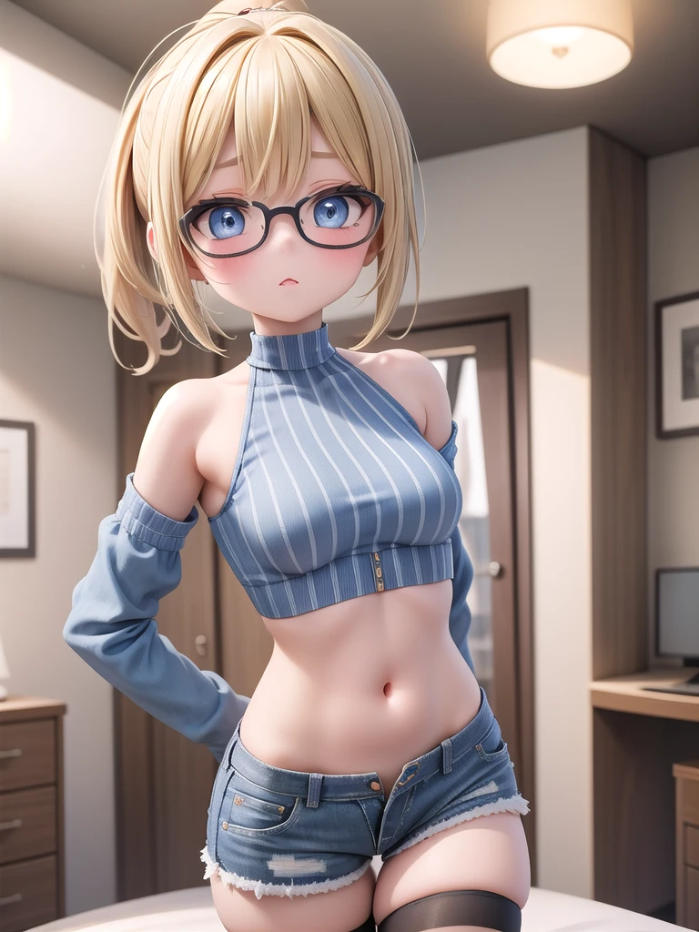 (masterpiece, best quality), 1girl, small breasts, small hips, blue eyes, short ponytail hair, blonde hair, crop top, denim shorts, bedroom, striped thighhighs, cute face, cute makeup, glasses, FOCUS BACK VIEW. SHE IS LOOKING TO THE VIEWER.