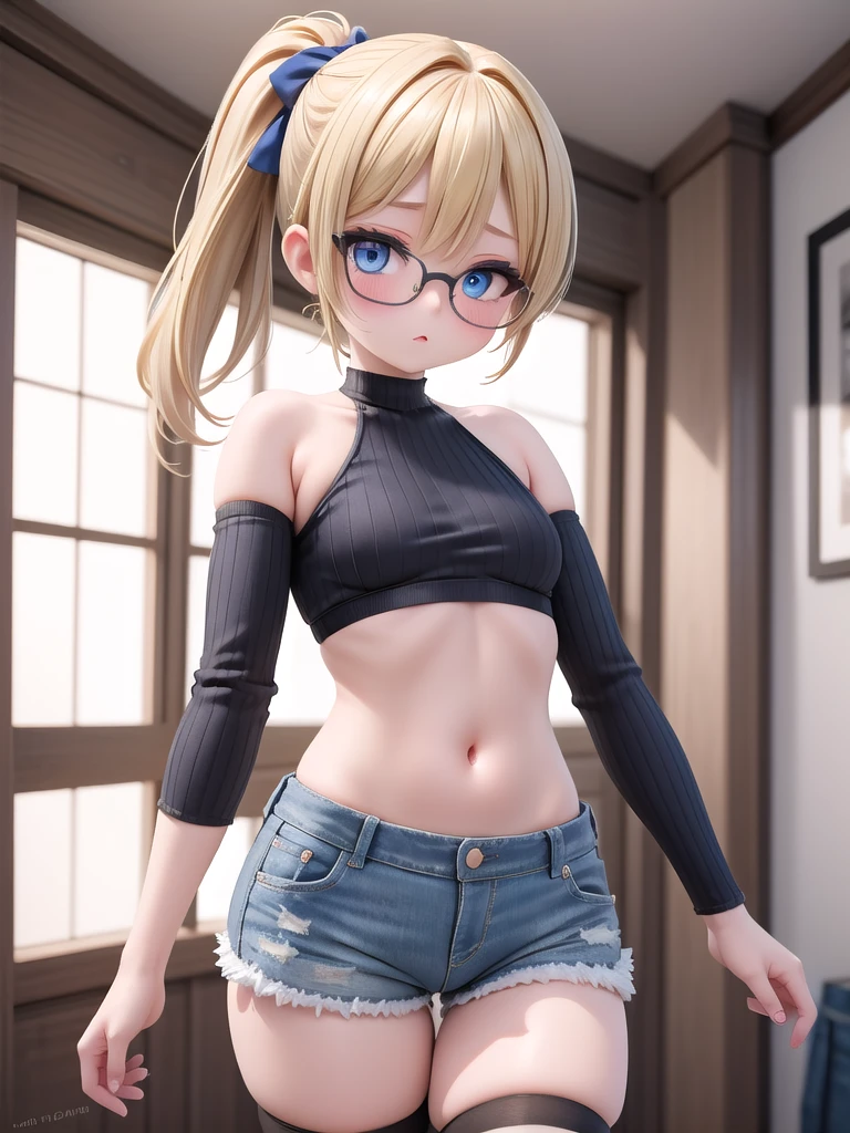 (masterpiece, best quality), 1girl, small breasts, small hips, blue eyes, short ponytail hair, blonde hair, crop top, denim shorts, bedroom, striped thighhighs, cute face, cute makeup, glasses, FOCUS BACK VIEW. SHE IS LOOKING TO THE VIEWER.