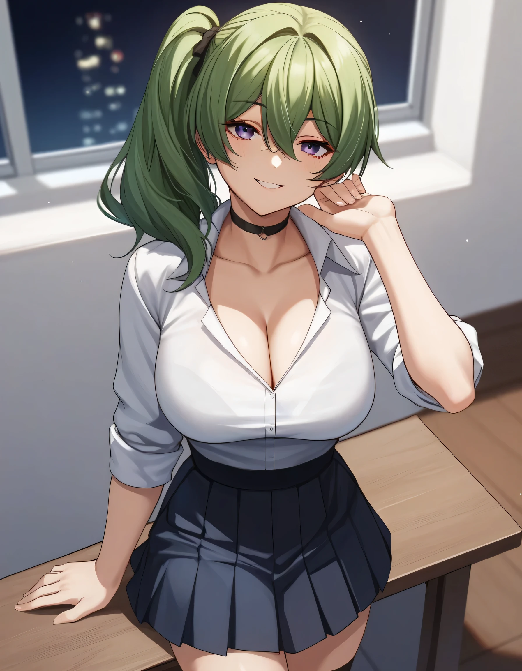 score_9, score_8_up, score_7_up, score_6_up, score_5_up, score_4_up, source_anime, 4k resolution, highest quality, 1girl, large breasts, thin body, beautiful, Comistyle, ubel,green hair, bangs,hair between eyes,side ponytail, purple eyes,black choker, shirt, crop shirt, skirt, parted skirt, socks, loose socks, collarbone, cleavage , smile , sweater rolled up at the waist , hand up