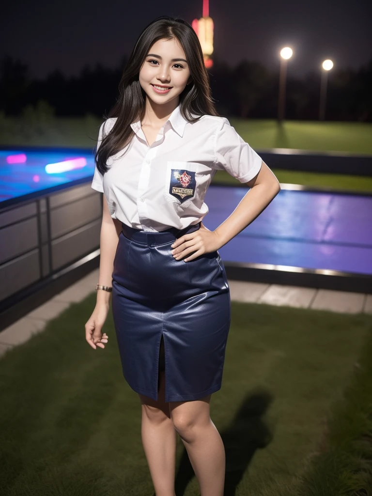 1girl, (uniform), standing, outdoors, night view, Metropolitan city at the background, detailed face, little smile, detailed eyes, medium breasts, shiny realistic skin, fit body, lean to front, short skirt, looking at the audience, (ultra wide angle shot: 1.3), (8k, RAW photo, best quality, masterpiece: 1.2), (realistic, realistic: 1.37), ultra-high resolution