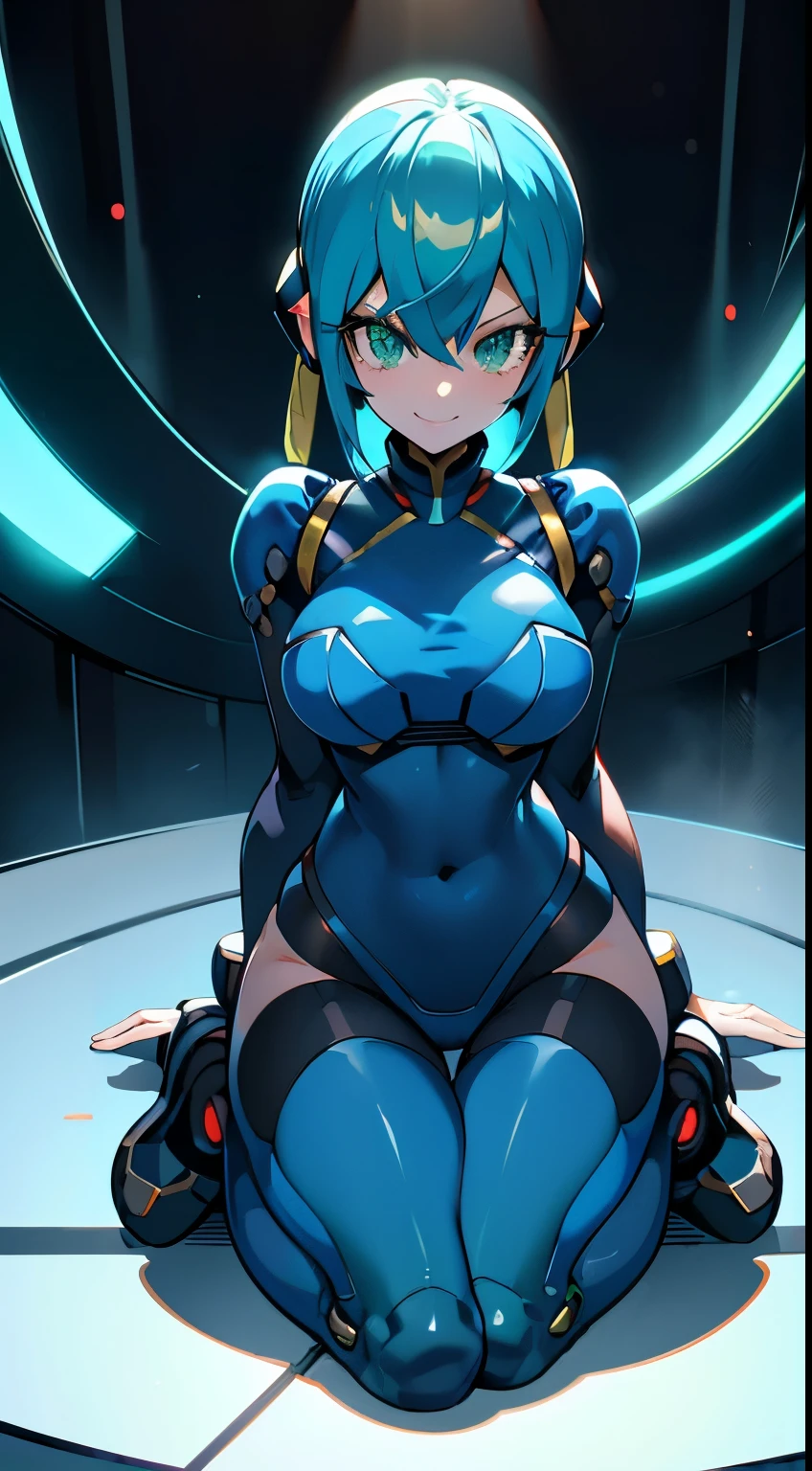 megaman x Girl, cute, Reploid, fullbody shot, maverick hunter, extremely detailed, dinamic pose, Green eyes, long eyelashes, glowing lips, smile, black waist