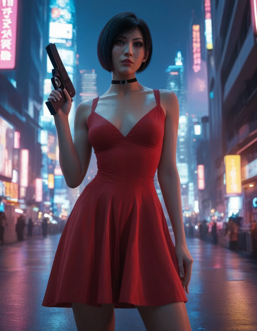 Digital artwork featuring a woman Ada wong standing in a futuristic cityscape at night. The background is filled with tall, brightly lit skyscrapers adorned with neon lights in shades of blue, pink, and purple. The woman has fair skin, short black hair, and is wearing a form-fitting red dress that accentuates her figure. She holds a black handgun in her right hand and has a confident expression. The cityscape includes various buildings and structures, with a mix of modern and industrial elements. The overall scene has a cyberpunk aesthetic, with vibrant colors and a sense of high-tech urban environment.anime, anatomicamente correto, super detalhado, alta qualidade, 4K, altos detalhes, superdetalhado, 4K