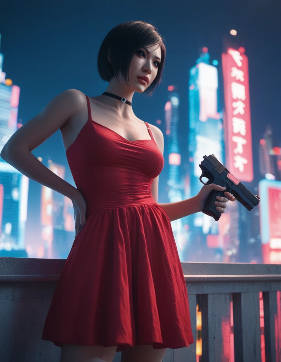 Digital artwork featuring a woman Ada wong standing in a futuristic cityscape at night. The background is filled with tall, brightly lit skyscrapers adorned with neon lights in shades of blue, pink, and purple. The woman has fair skin, short black hair, and is wearing a form-fitting red dress that accentuates her figure. She holds a black handgun in her right hand and has a confident expression. The cityscape includes various buildings and structures, with a mix of modern and industrial elements. The overall scene has a cyberpunk aesthetic, with vibrant colors and a sense of high-tech urban environment.anime, anatomicamente correto, super detalhado, alta qualidade, 4K, altos detalhes, superdetalhado, 4K