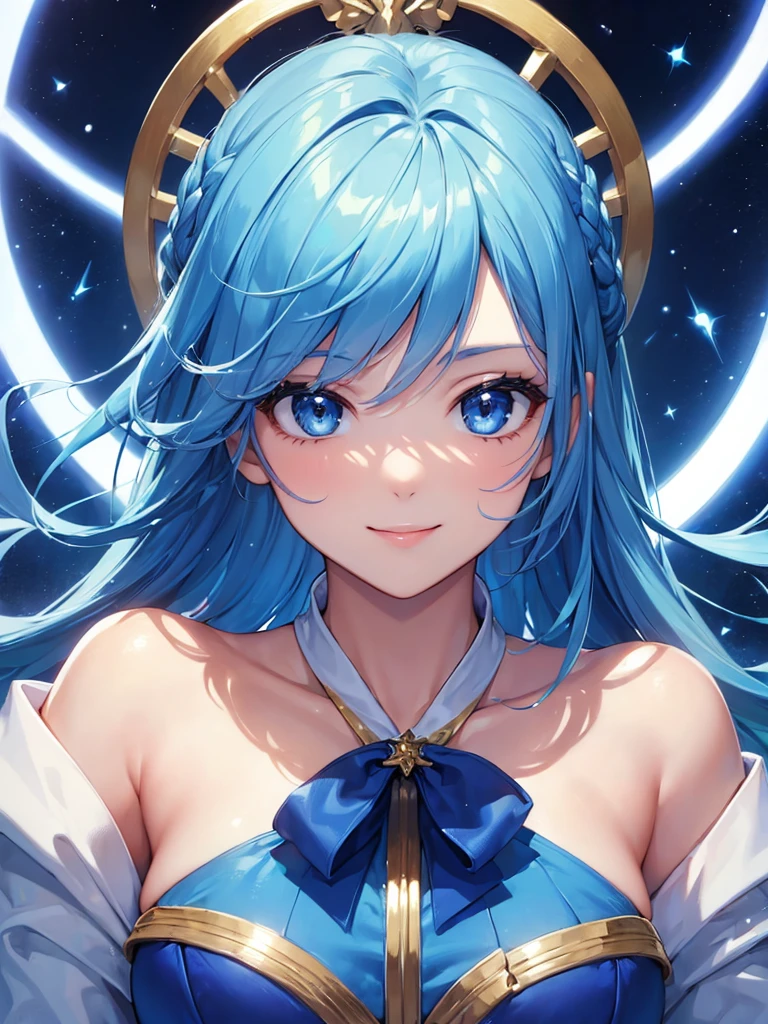 (masterpiece:1.5),(Beat quality),(high res),1girl solo,beautiful face,smile(shining eyes),upper body,light effects,Blue dress blue hair woman