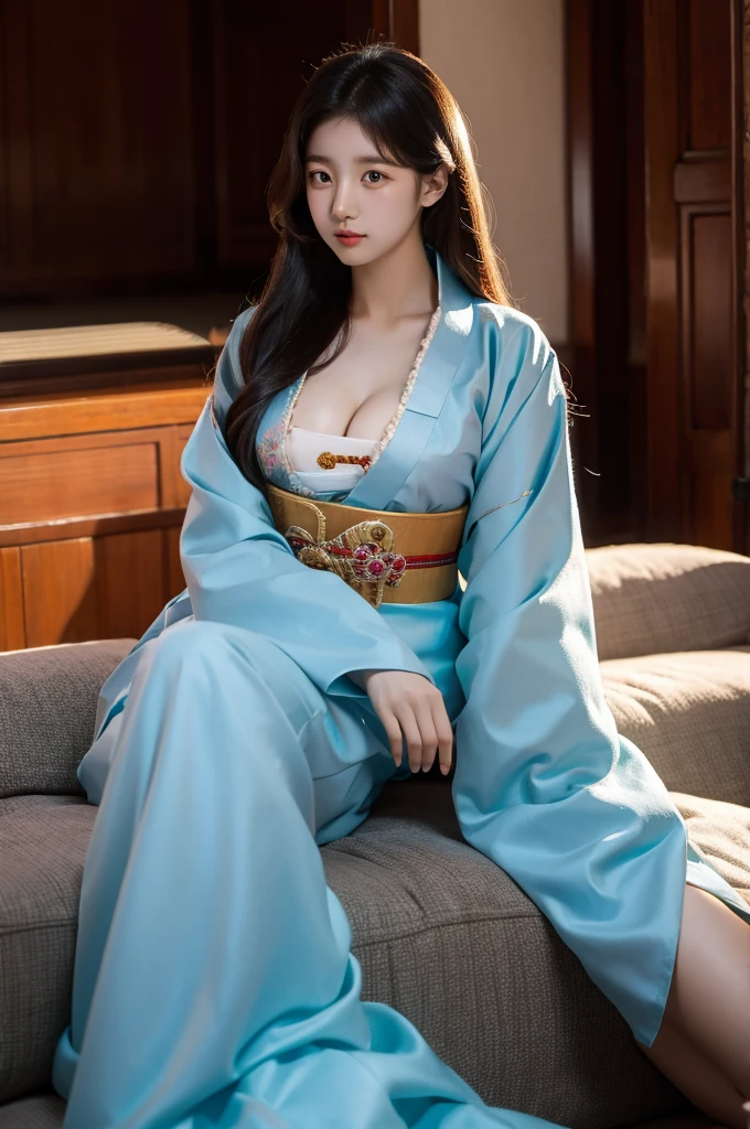 very beautiful, very big breasts, Teenage Korean woman wearing revealing hanbok, in the palace