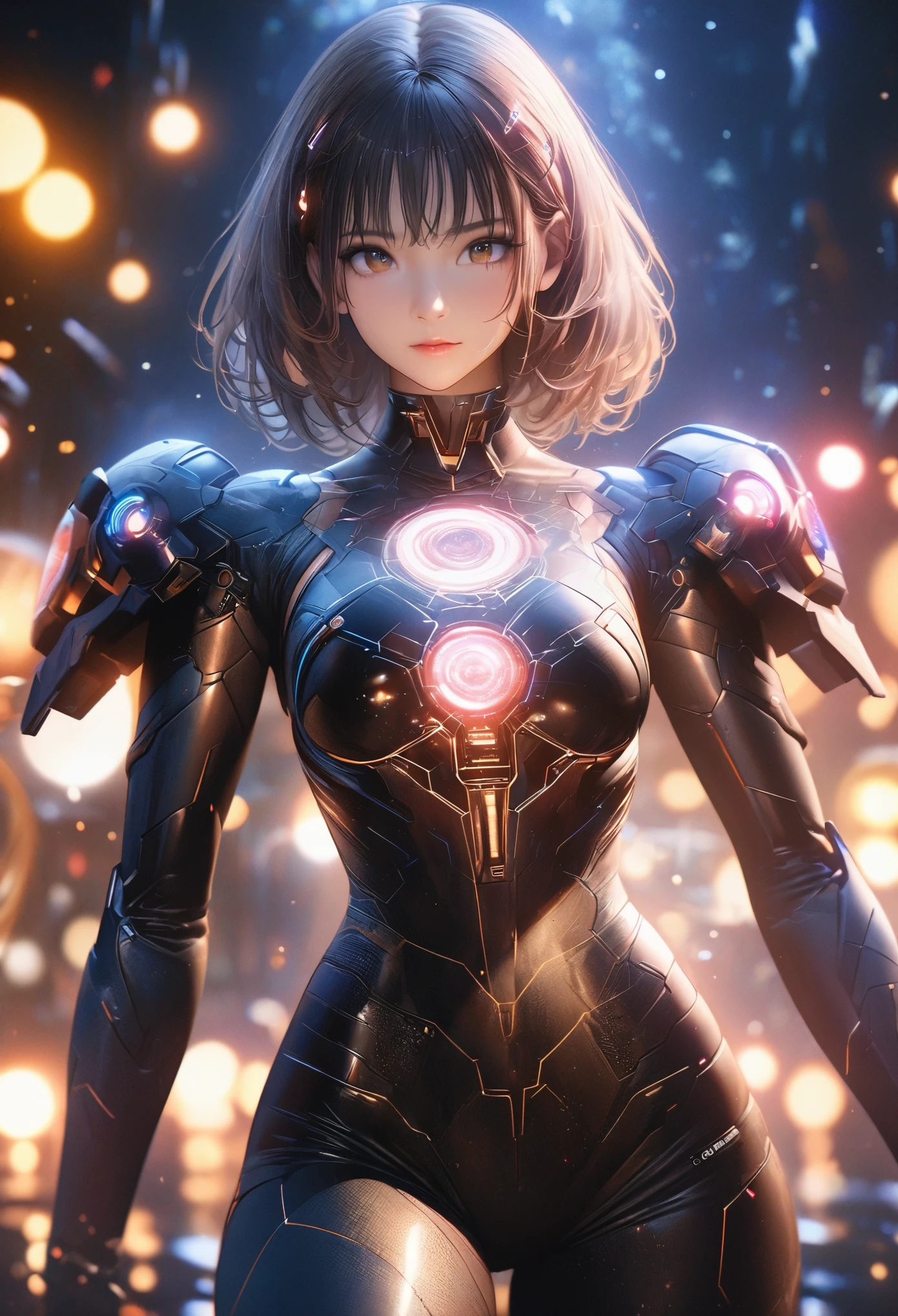 (((masterpiece))), (Highest quality), (Ultra-high resolution), (Highest quality), (Super detailed), Space War、milky way、Mecha Girl、Mecha Maiden、Golden Ratio、Realistic texture、in focus with blurred background、bokeh photography, (soft focus):1.2, out-of-focus highlights, dreamy ambiance, glowing circles, mesmerizing depth