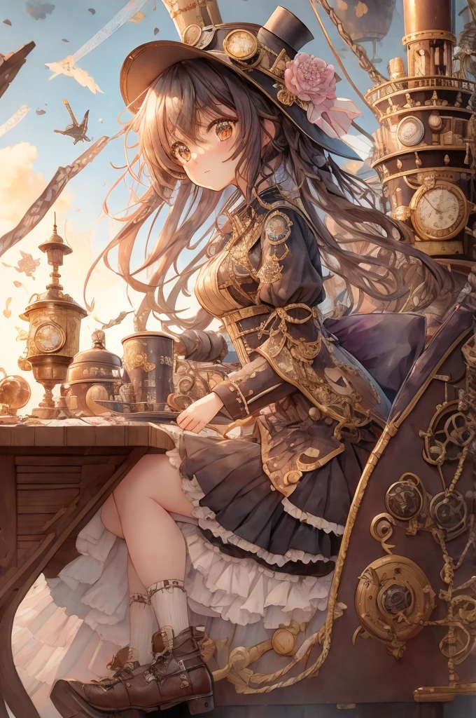 Steam locomotive and anime girl sitting on a table wearing a hat, Girl with warship parts, Cute and detailed artwork, steampunk zeppelin, detailed Steampunk illustration, airship in steampunk, Detailed anime artwork, Steampunk inventor girl, Steampunk illustration, steampunk airship, Cute and detailed digital art, Detailed anime art, high quality steampunk art, steampunk airship!!!!!!!, clean Detailed anime art