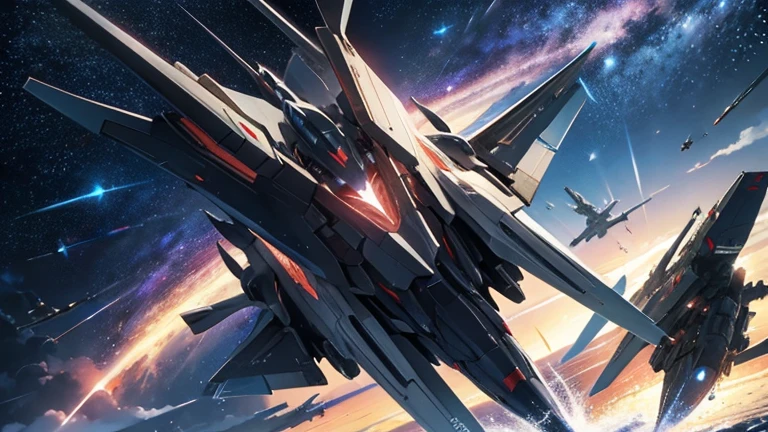 shooting star,Space Battleship,perfect battleship,detailed battle ship,Break the battleship is flying in 宇宙,Break background in space,detailed background,masterpiece,best quality,super detailed,super fine illustration,8k,dynamic angle,Break Fighter planes flying in the sky,