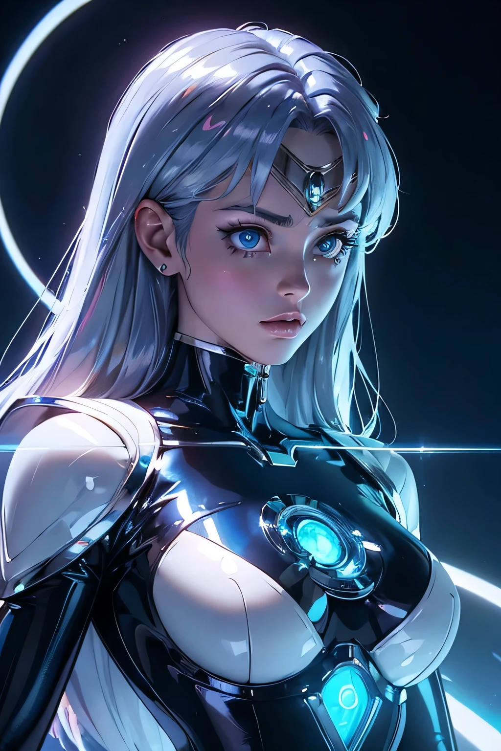 A beautiful Sailor Moon cyborg girl, chrome bodysuit, exquisite chrome details, vibrant blue background, reflective chrome and silver tones, highly detailed 3D render, hyper-realistic, intricate mechanical design, glowing neon accents, dramatic lighting, photorealistic, cinematic composition, elegant pose, masterpiece, 8K