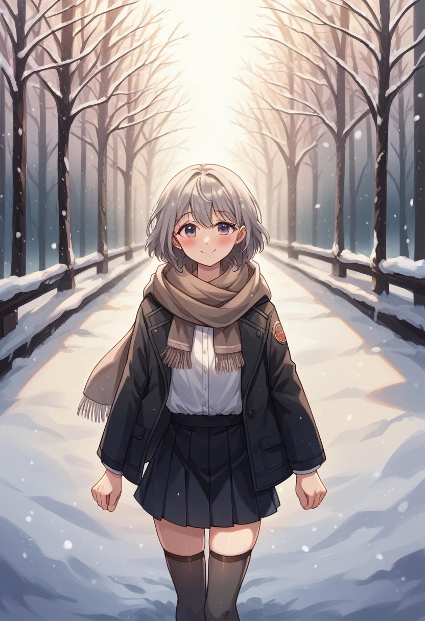 1 girl, clothed, black coat, silk white shirt, short black skirt, (wear black ushanka), scarf, Winter stockings, ((bronze hair 1:2)), Russian, bright smile, (blushing), Winter, light snowing, sunlight, eastern Europe, Running forward to viewer, (lend right hand closer to the viewer), Upper angle, [best quality ,massive scenery, best eyes detail], by \(tonee\)