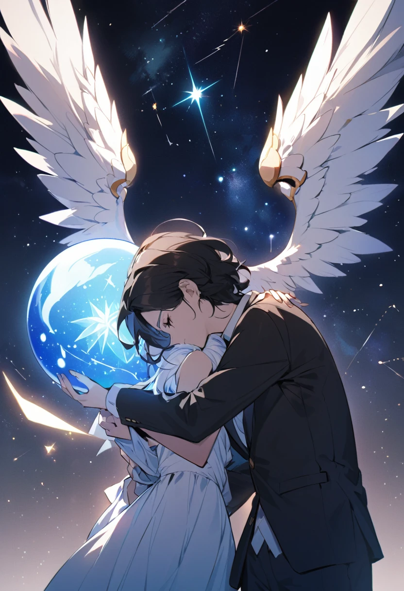 A Power Ranger in a red and black suit, standing and holding a glowing orb with both hands, with a posture that expresses sadness, head tilted slightly downward. Above him, an angel woman with glowing white wings hugs him from behind, conveying comfort. The night sky in the background is full of bright stars and visible constellations, adding a mystical and heavenly touch to the scene."