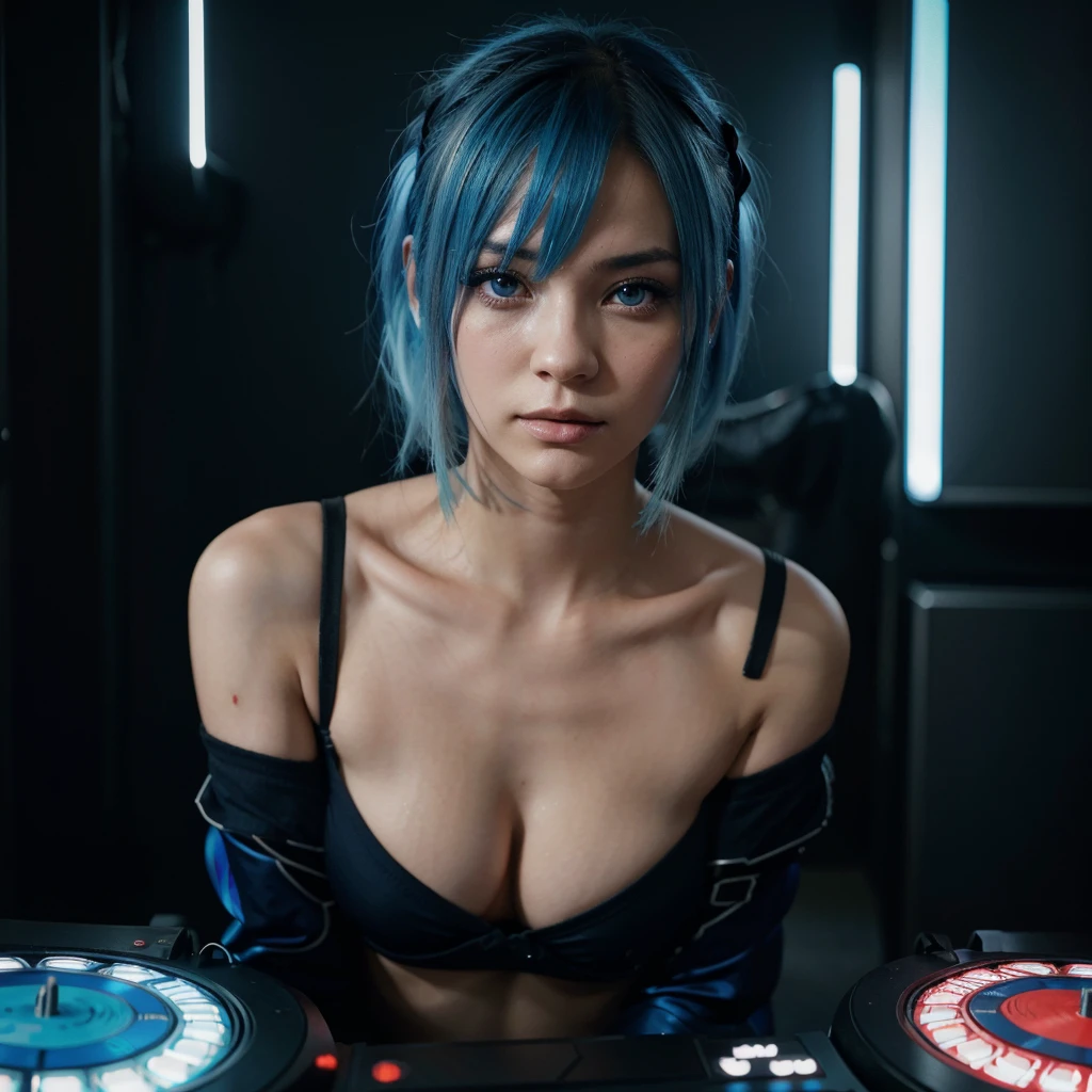 Type japonaise, blue hair, blue eye, cute, name ana. une belle femme aux blue hairs et aux cheveux bouclés portant des écouteurs surdimensionnés, sitting in a dark room surrounded by cyberpunk neon lights, with a DJ deck, Cyberpunk Aesthetic, visage et expression , sharpness, cinematic, head of;artwork