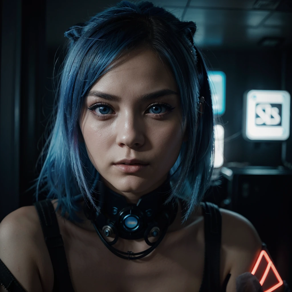 Type japonaise, blue hair, blue eye, cute, name ana. une belle femme aux blue hairs et aux cheveux bouclés portant des écouteurs surdimensionnés, sitting in a dark room surrounded by cyberpunk neon lights, with a DJ deck, Cyberpunk Aesthetic, visage et expression , sharpness, cinematic, head of;artwork, tenue outdoor 