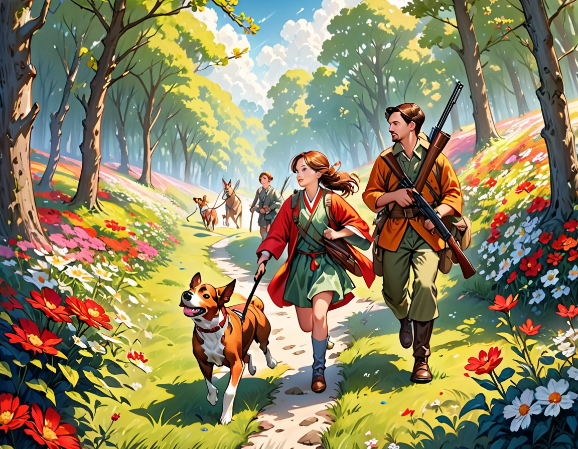 (Highest quality, Super detailed, Realistic: 1.37), Humorous, Cartoon style, Thick lines, children's storybook illustration, Bright colors,Two hunters, hunting rifles in hand, walk cautiously along a path through a flowering forest, while two hounds run frolicking around them.