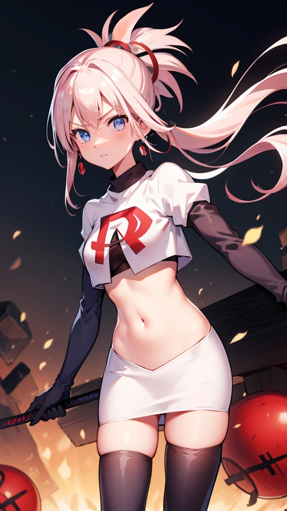 miyamotomusashi, miyamoto musashi, asymmetrical hair, blue eyes, earrings, hair ornament, pink hair, ponytail, sidelocks,team rocket,team rocket uniform, red letter R, white skirt,white crop top,black thigh-highs,black elbow gloves