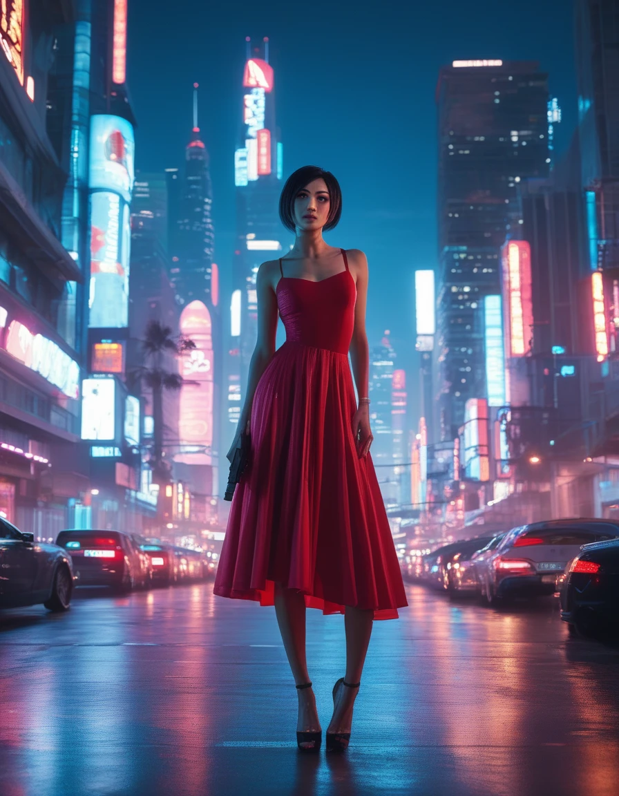 Digital artwork featuring a woman Ada wong standing in a futuristic cityscape at night. The background is filled with tall, brightly lit skyscrapers adorned with neon lights in shades of blue, pink, and purple. The woman has fair skin, short black hair, and is wearing a form-fitting red dress that accentuates her figure. She holds a black handgun in her right hand and has a confident expression. The cityscape includes various buildings and structures, with a mix of modern and industrial elements. The overall scene has a cyberpunk aesthetic, with vibrant colors and a sense of high-tech urban environment.anime, anatomicamente correto, super detalhado, alta qualidade, 4K, altos detalhes, superdetalhado, 4K