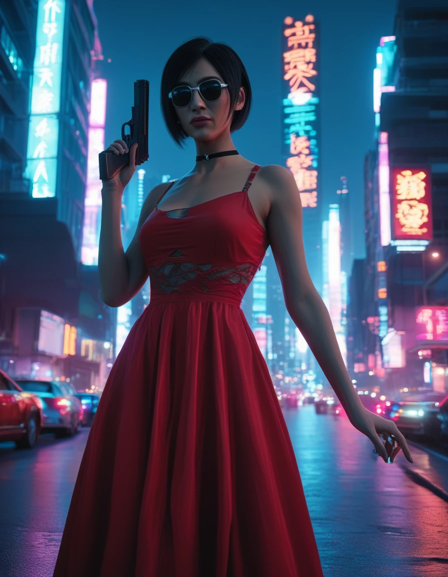 Digital artwork featuring a woman Ada wong standing in a futuristic cityscape at night. The background is filled with tall, brightly lit skyscrapers adorned with neon lights in shades of blue, pink, and purple. The woman has fair skin, short black hair, and is wearing a form-fitting red dress that accentuates her figure. She holds a black handgun in her right hand and has a confident expression. The cityscape includes various buildings and structures, with a mix of modern and industrial elements. The overall scene has a cyberpunk aesthetic, with vibrant colors and a sense of high-tech urban environment.anime, anatomicamente correto, super detalhado, alta qualidade, 4K, altos detalhes, superdetalhado, 4K