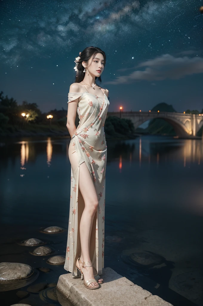 (((best quality))),(((ultra detailed))),(((masterpiece))),illustration,((1 beautiful girl,solo)),(shoulder length straight hair:1.2),((earrings,necklace)),((slim,thin)),((small breasts,flat chest)),(gorgeous sheer red Hanfu dress:1.3),(slender legs:1.2),(loafers:1.2),(standing:1.3),(arms behind back:1.5),(on the stone arch bridge:1.3),((starry sky,the Milky Way,horizon)),elegance, grace, sophisticated updo, delicate hairpins, twinkling stars, radiant smile, bright eyes, wonder, beauty of the night sky, intricate patterns, flowers, birds, vibrant colors, ethereal, enchanting, old bridge, weathered, sturdy, natural surroundings, serene, peaceful atmosphere, rippling water, stars, graceful silhouette, magic, tranquility, twinkling stars, mesmerizing canopy of light, cool air, crisp, faint scent of blooming flowers, contemplation, admiration, ancient China, timeless, rich culture, traditions, captivating, enchanting atmosphere, myth, legend,((from front,full body))