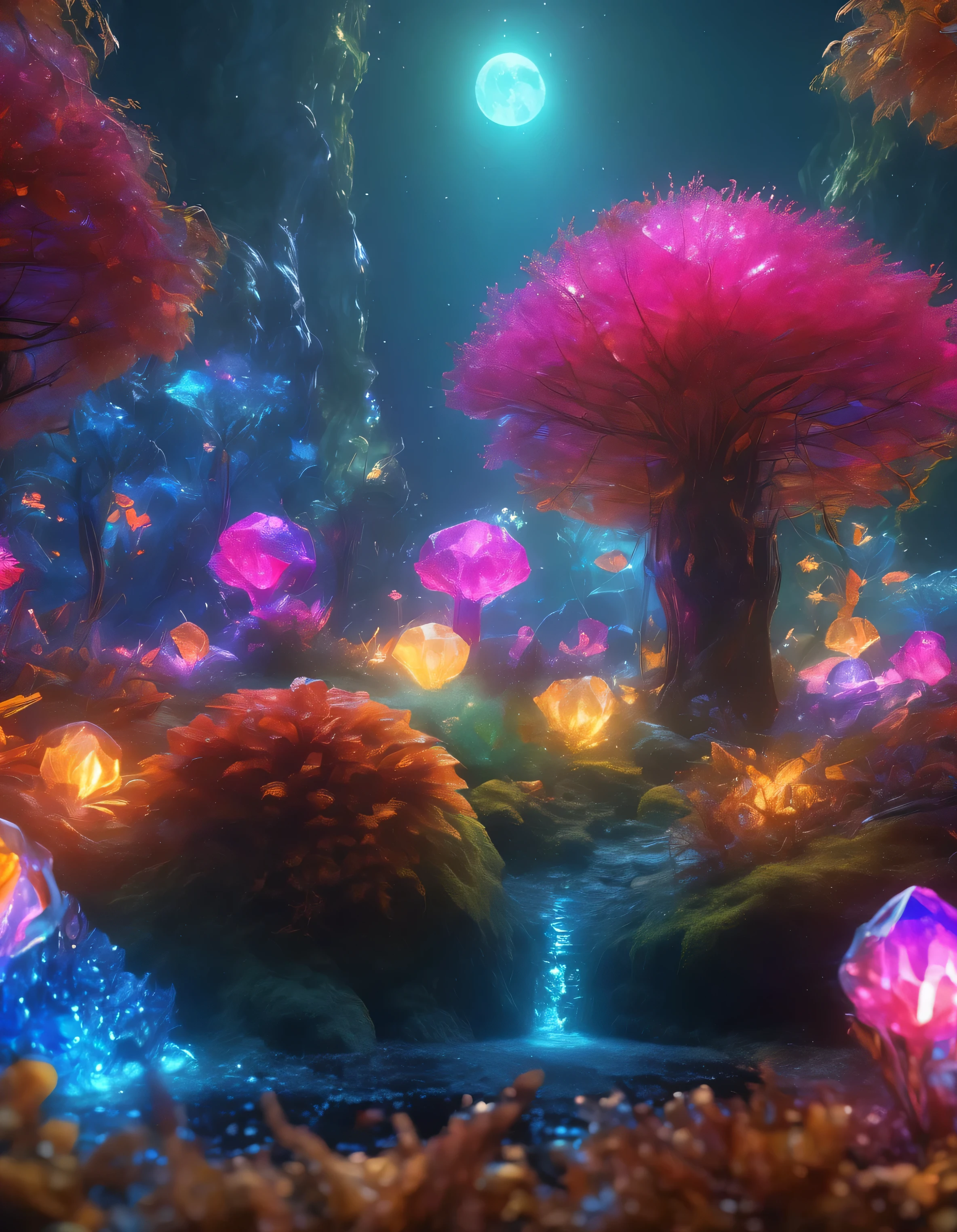 a magical enchanted crystal forest, vibrant colorful crystals glowing with a black light effect, enchanted animals scattered throughout the scene, one animal as the main focus, ultra-detailed, (best quality,4k,8k,highres,masterpiece:1.2),ultra-detailed,(realistic,photorealistic,photo-realistic:1.37),hdr,uhd,studio lighting,ultra-fine painting,sharp focus,physically-based rendering,extreme detail description,professional,vivid colors,bokeh,fantasy,surreal,magical realism