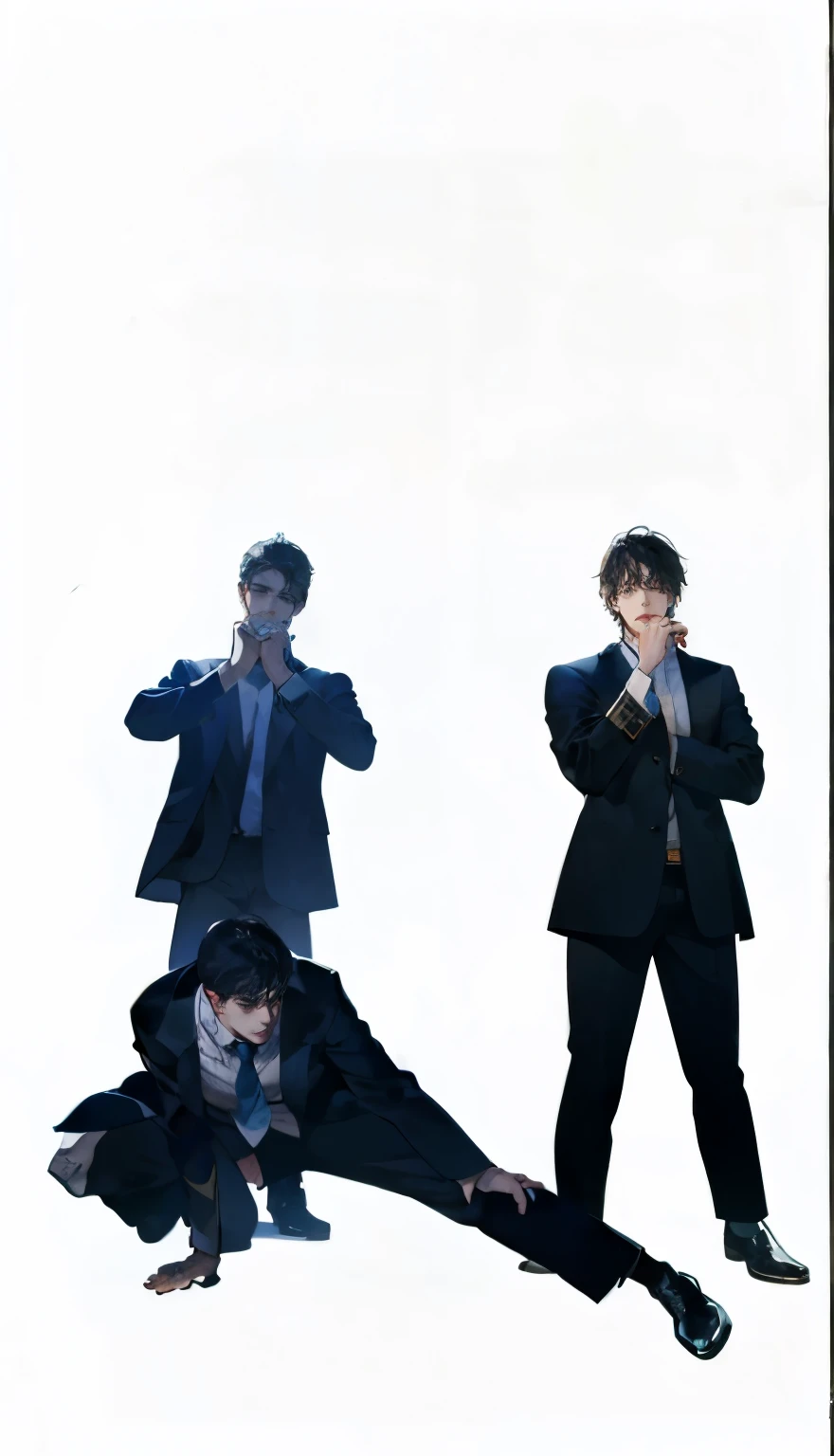 Three young men in suits pose in an outdoor setting. One stands prominently in the background with a thoughtful expression and finger to his lips, while another stands to the right, resting a hand on his chin. The third man crouches in the foreground, extending his leg dramatically and wearing a medal around his neck. The scene features a modern building backdrop with a partially cloudy sky.