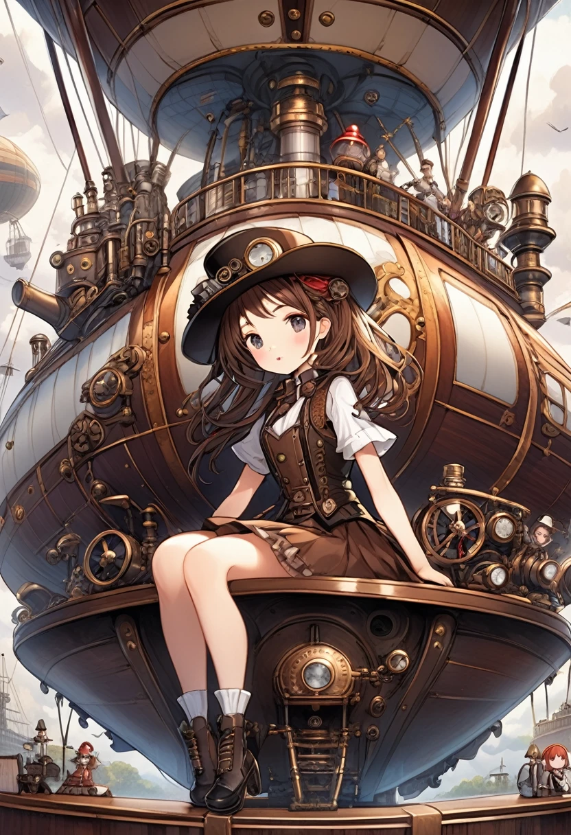 Steam locomotive and anime girl sitting on a table wearing a hat, Girl with warship parts, Cute and detailed artwork, steampunk zeppelin, detailed Steampunk illustration, airship in steampunk, Detailed anime artwork, Steampunk inventor girl, Steampunk illustration, steampunk airship, Cute and detailed digital art, Detailed anime art, high quality steampunk art, steampunk airship!!!!!!!, clean Detailed anime art
