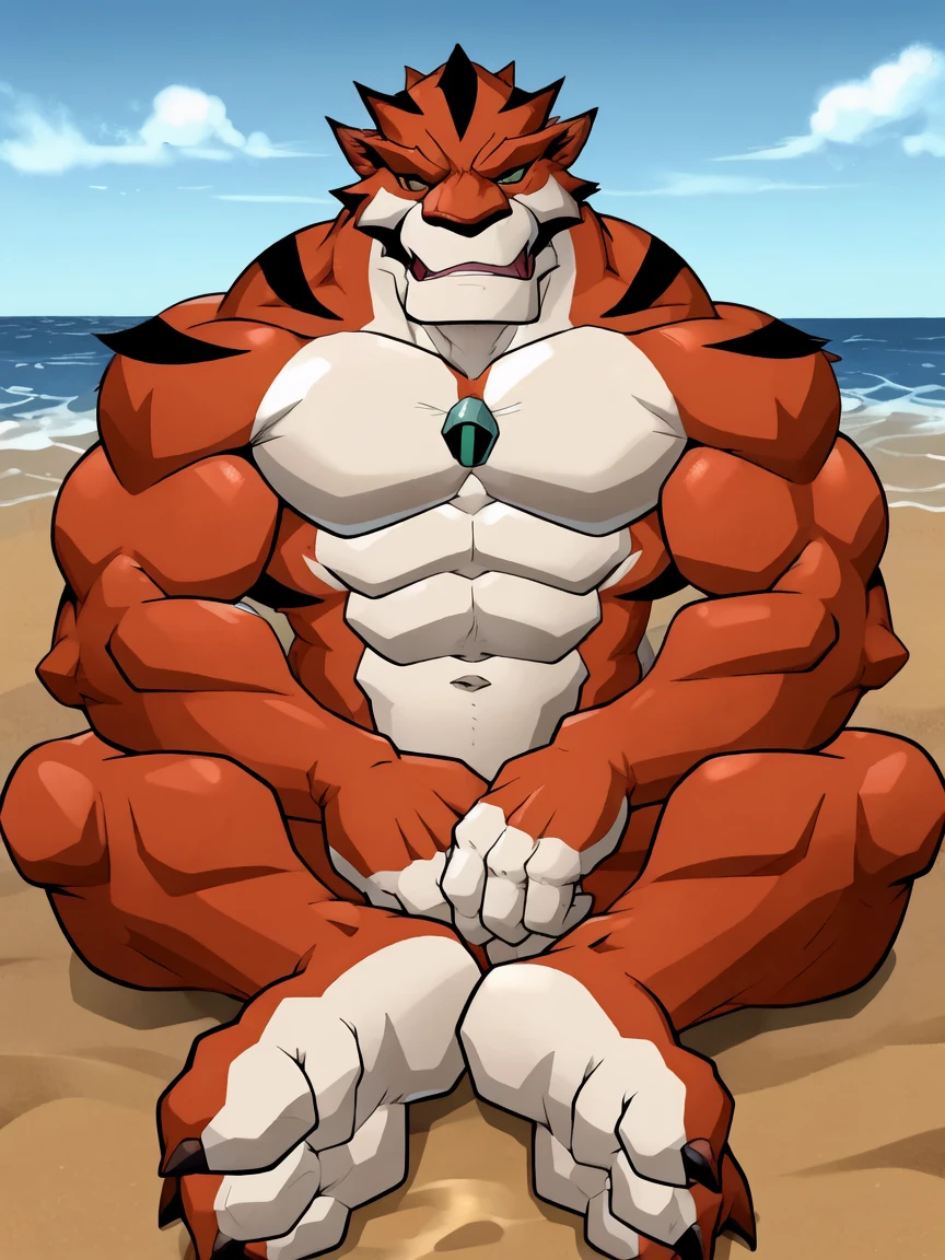 ((sitting)), ((Brightened body)), dynamic pose, commission for high resolution,rath_(ben_10),muscular, muscular male, muscular anthro,wide legs,wide feet, by Maldu,beach background,((focus on the floor)), 2D art, ((full bare body)).