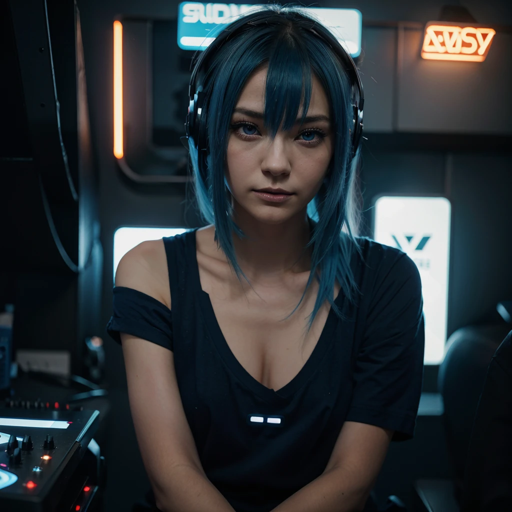 Type japonaise, blue hair, blue eye, cute, name ana. une belle femme aux blue hairs et aux cheveux bouclés portant des écouteurs surdimensionnés, sitting in a dark room surrounded by cyberpunk neon lights, with a DJ deck, Cyberpunk Aesthetic, visage et expression , sharpness, cinematic, head of;artwork