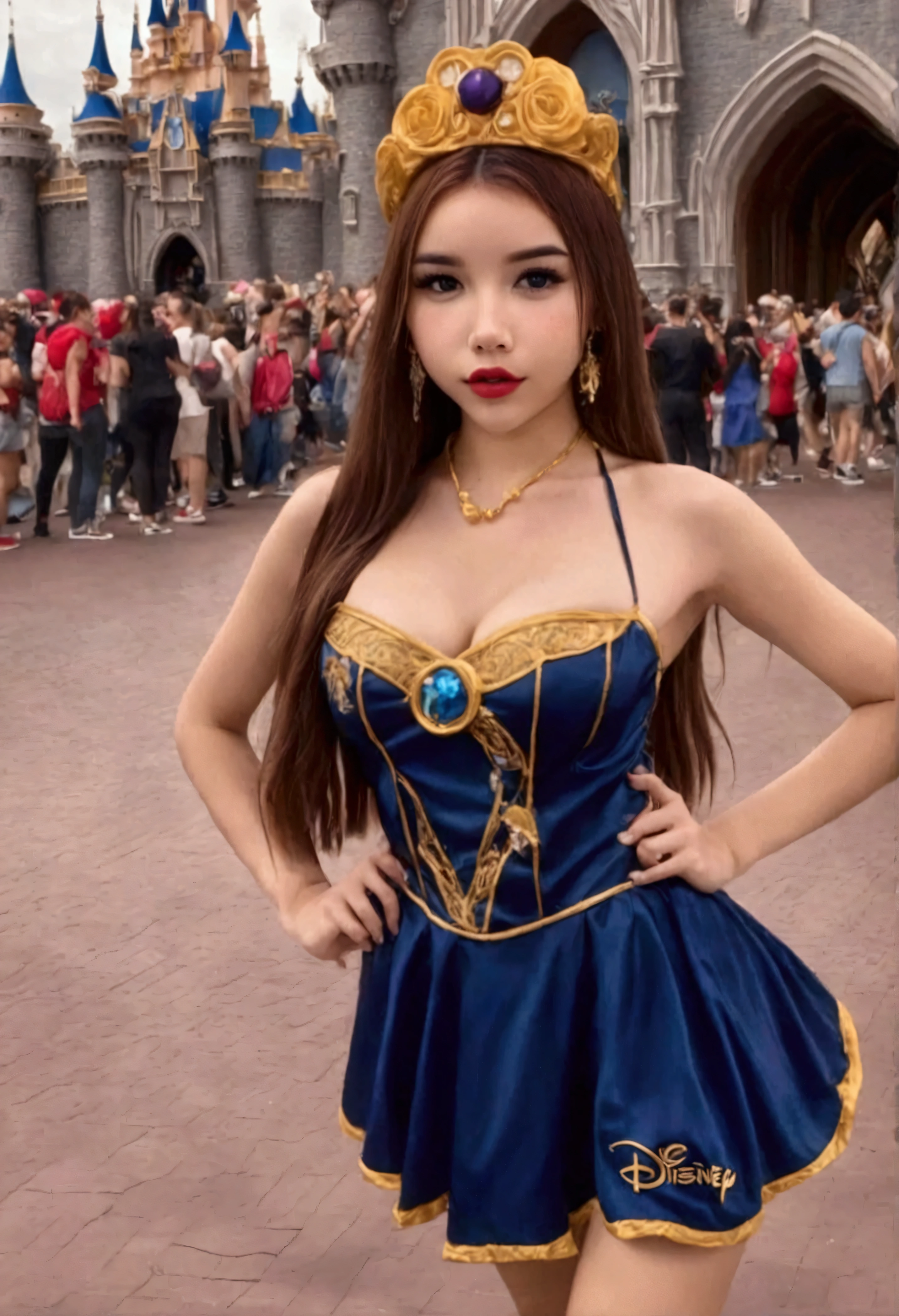 A cute woman (age 25, matching hair, disney character themed sexy outfit) is doing a disney themed fashion show, glamorous poses in the spotlight on the run way, show her full body